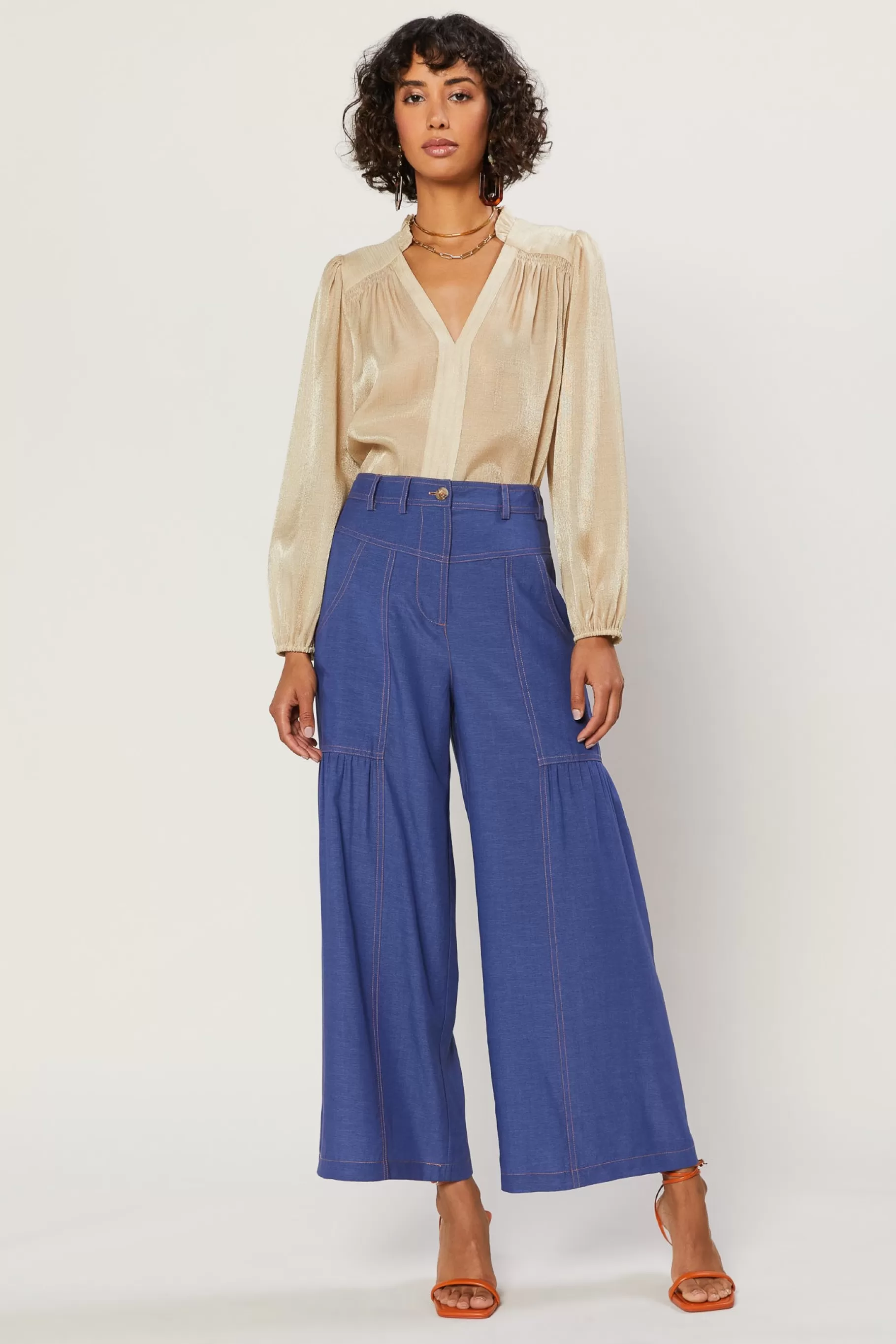 Current Air Pants>Shirred Wide Leg Pants DENIMBLUE