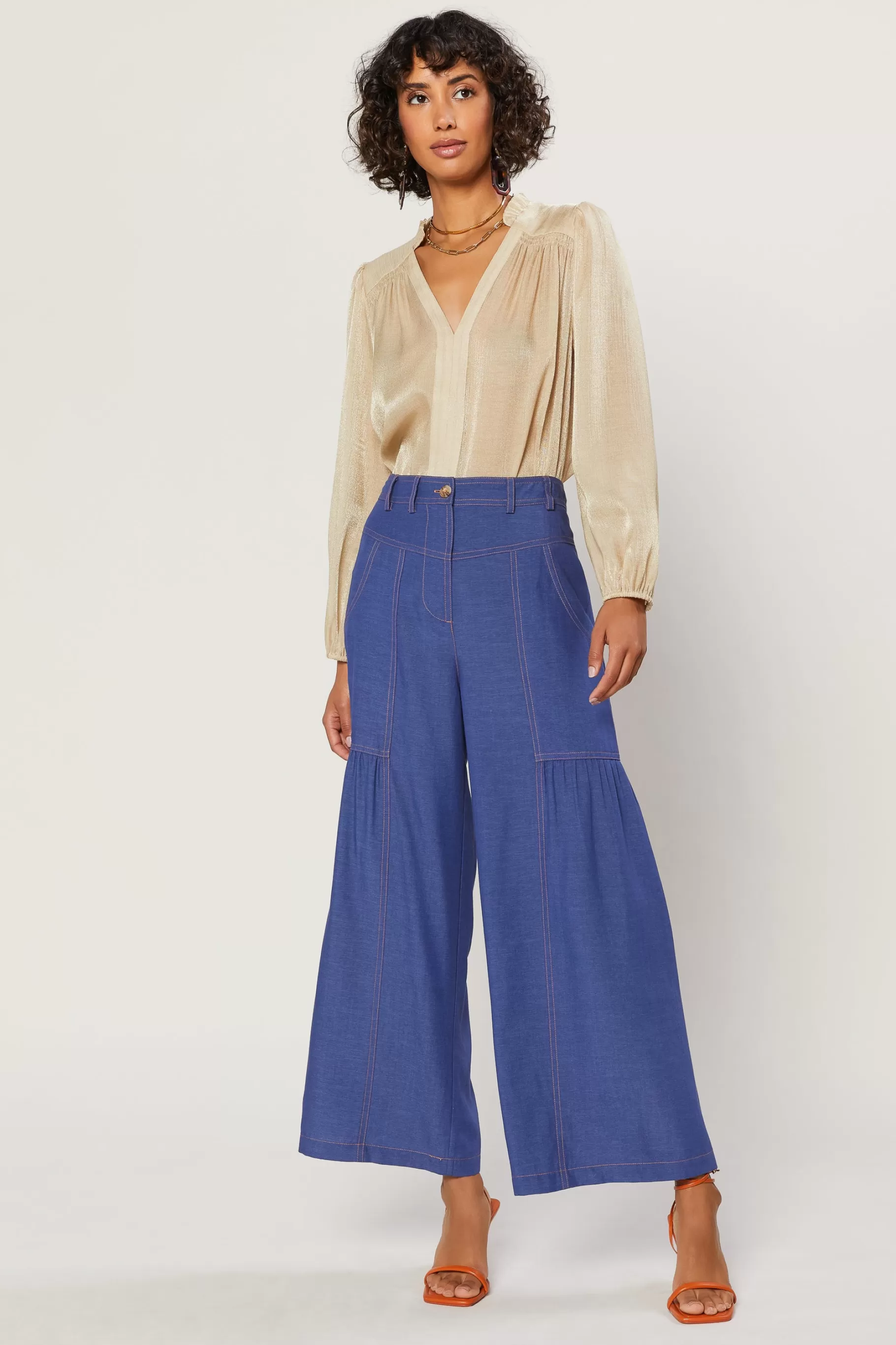 Current Air Pants>Shirred Wide Leg Pants DENIMBLUE