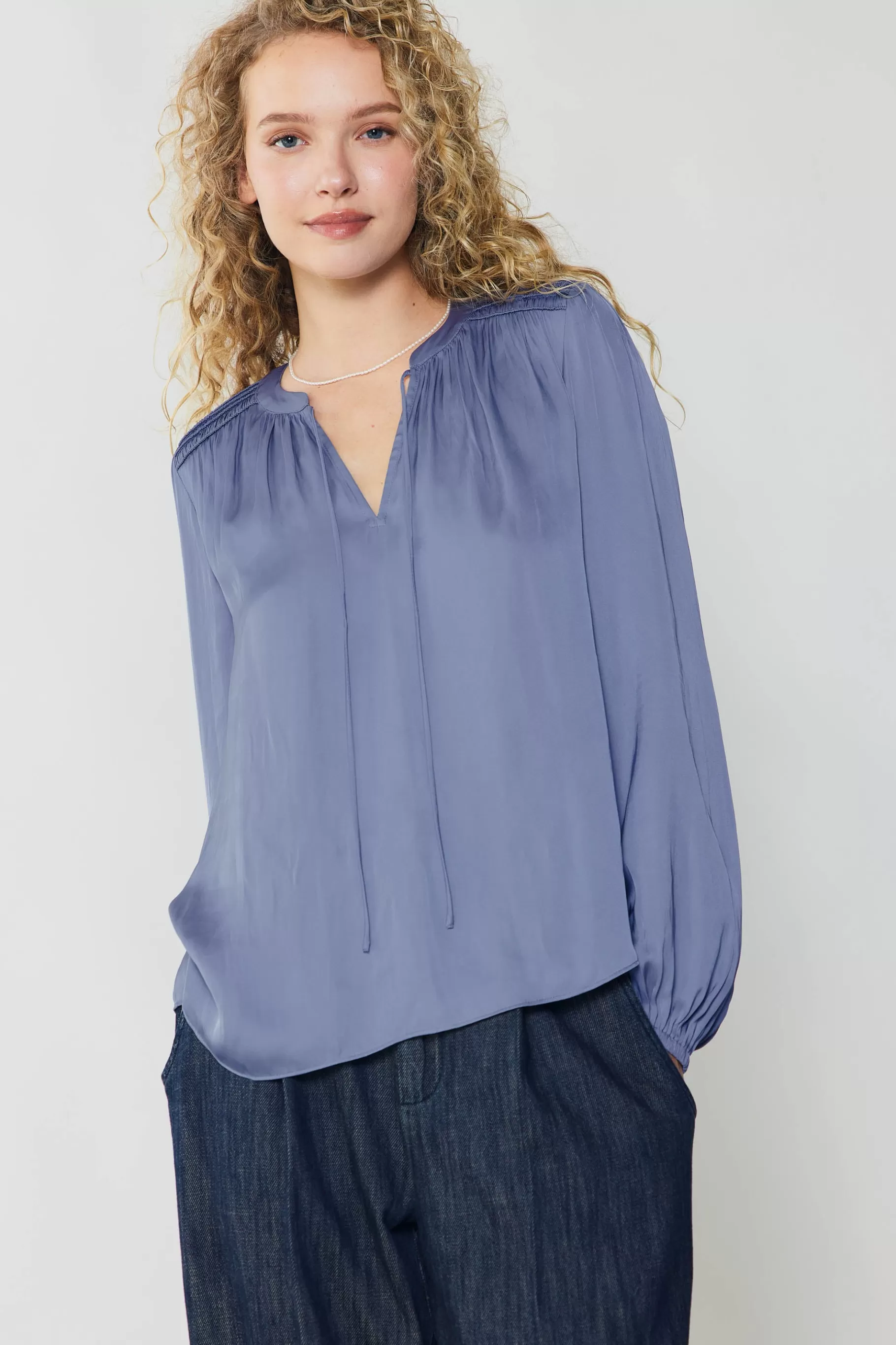 Current Air Long Sleeve Tops>Shirred Yoke Blouse FLORENTINEBLUE