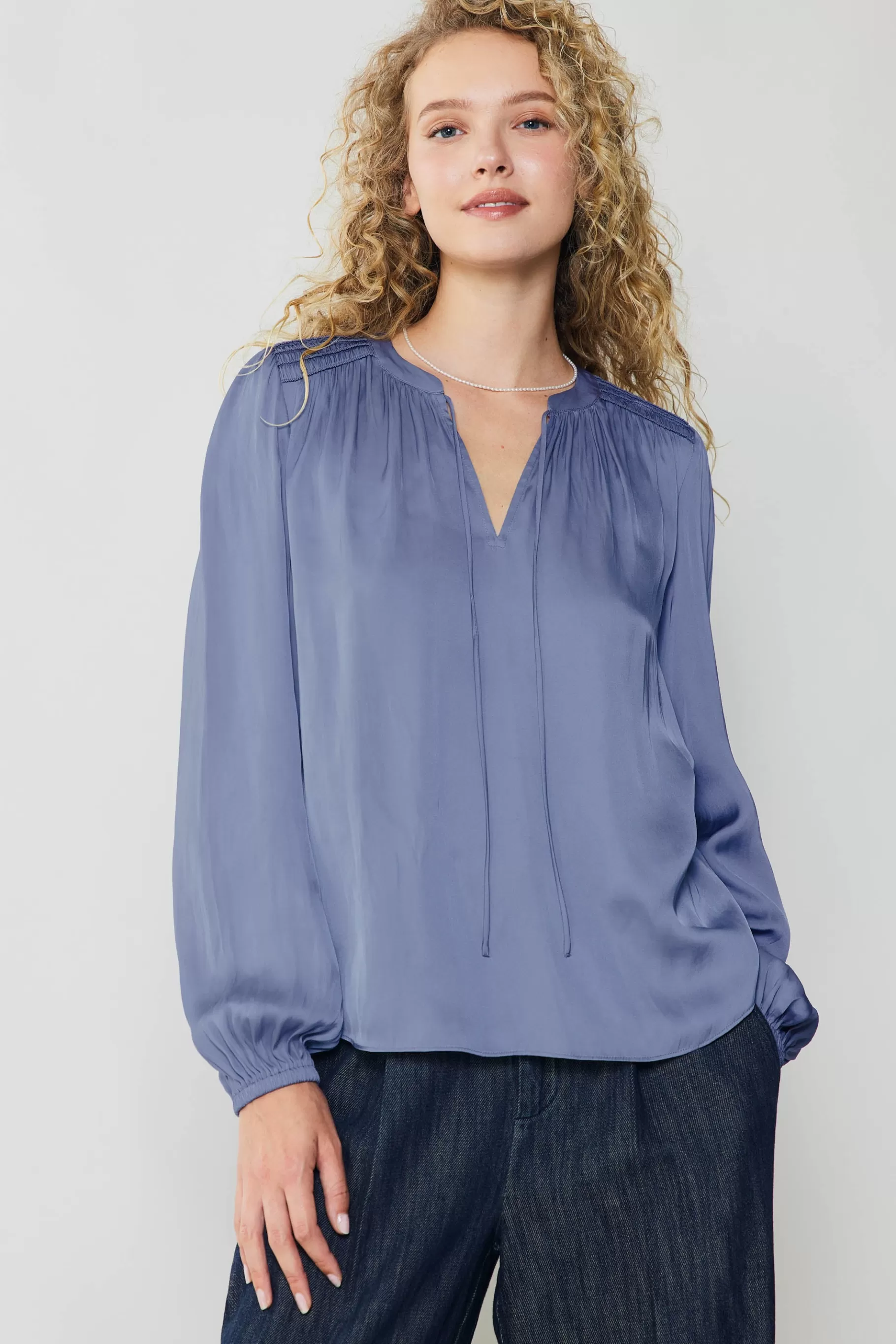 Current Air Long Sleeve Tops>Shirred Yoke Blouse FLORENTINEBLUE