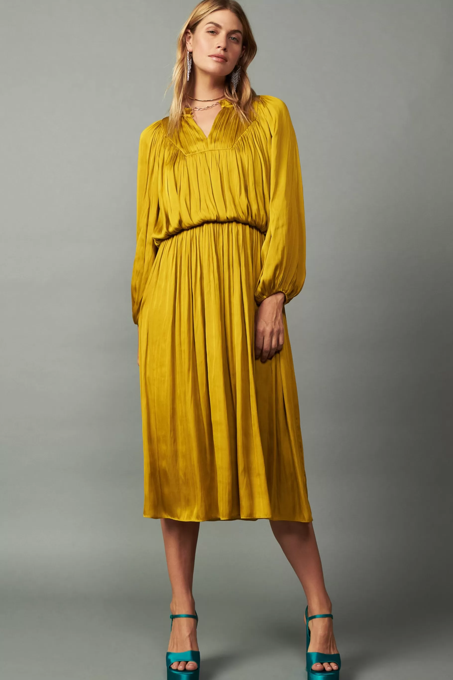 Current Air Maxi Dresses>Shirred Yoke Maxi Dress GOLDENYELLOW