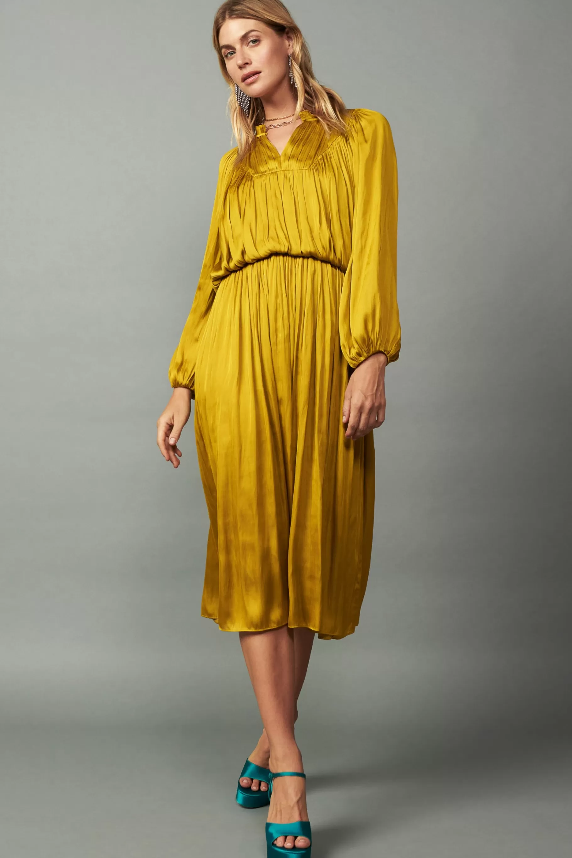 Current Air Maxi Dresses>Shirred Yoke Maxi Dress GOLDENYELLOW