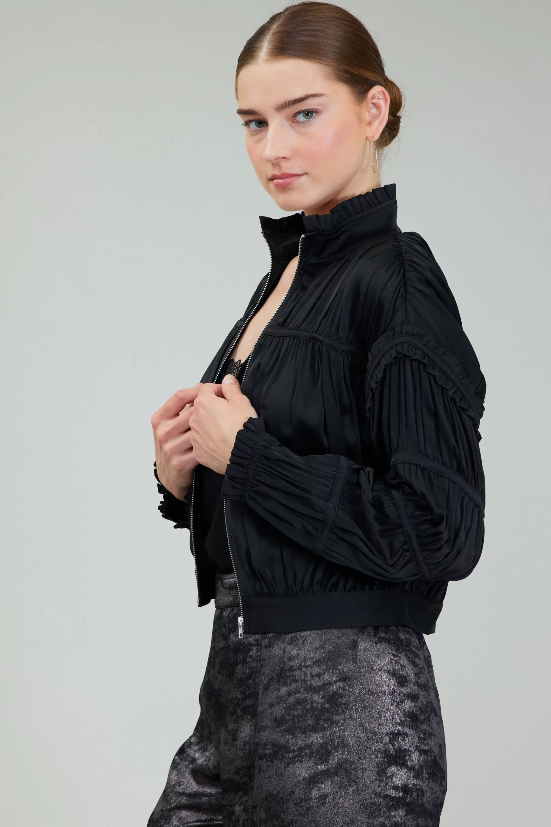 Current Air Coats & Jackets>Shirred Zip Up Jacket BLACK