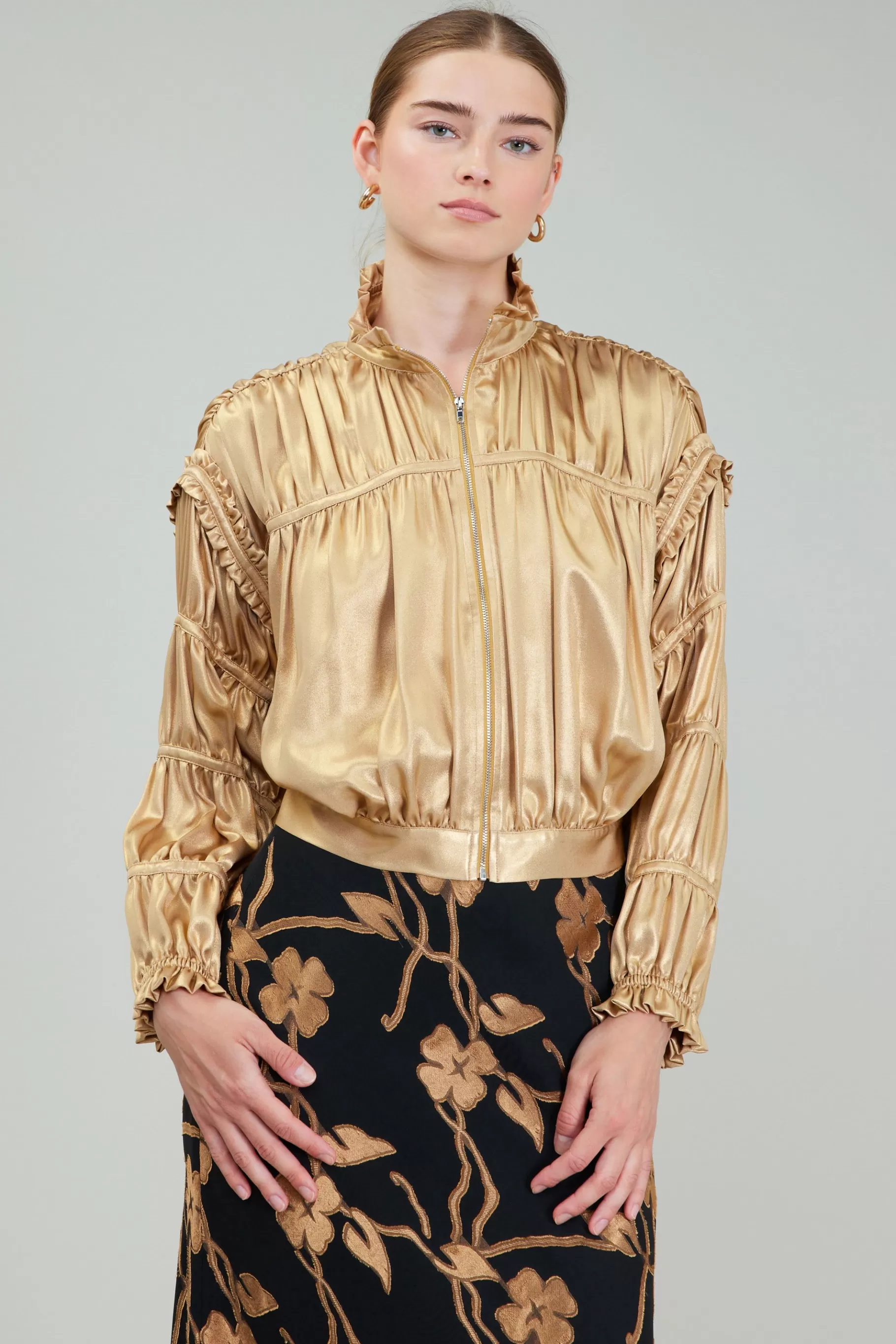 Current Air Coats & Jackets>Shirred Zip Up Jacket GOLD