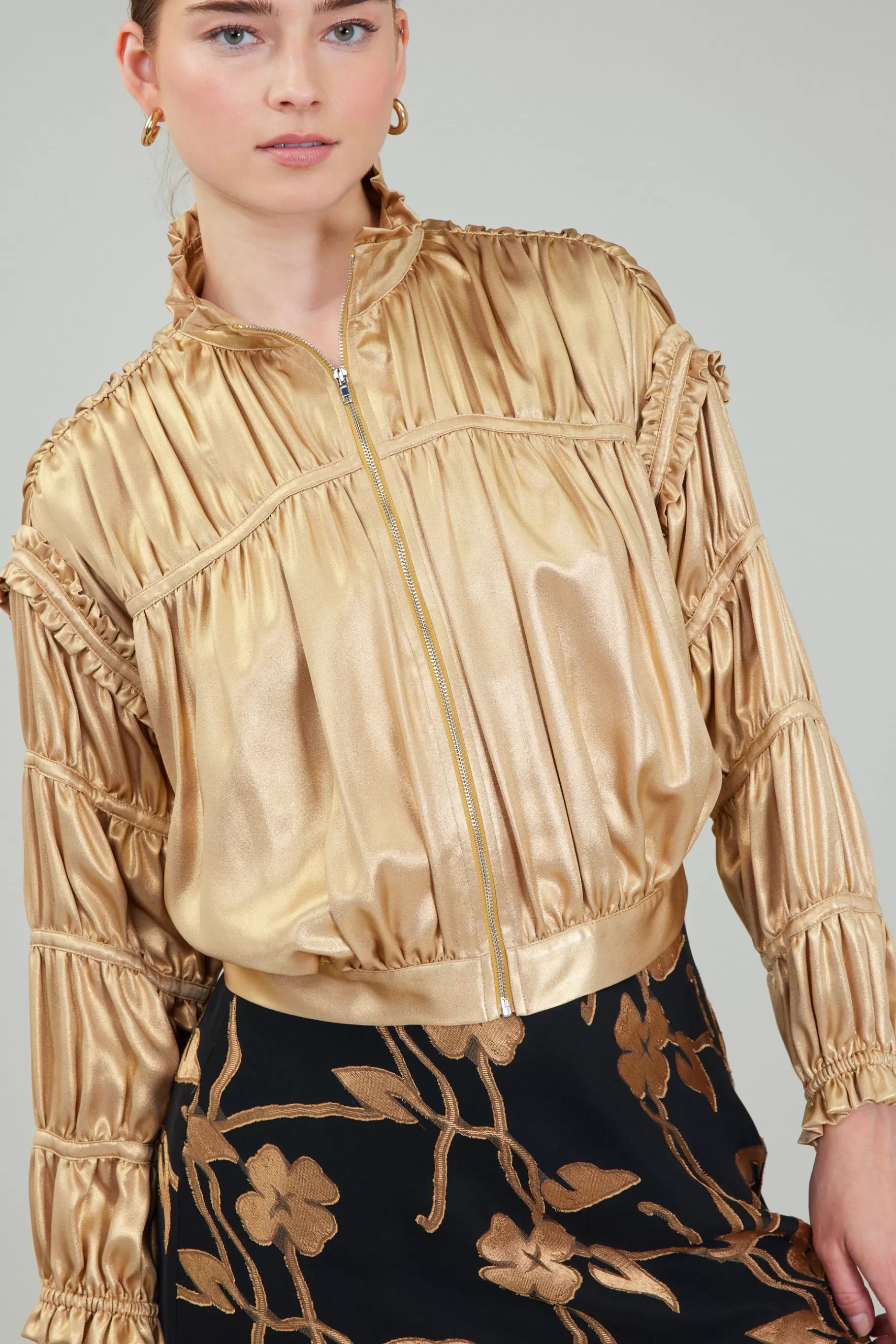 Current Air Coats & Jackets>Shirred Zip Up Jacket GOLD