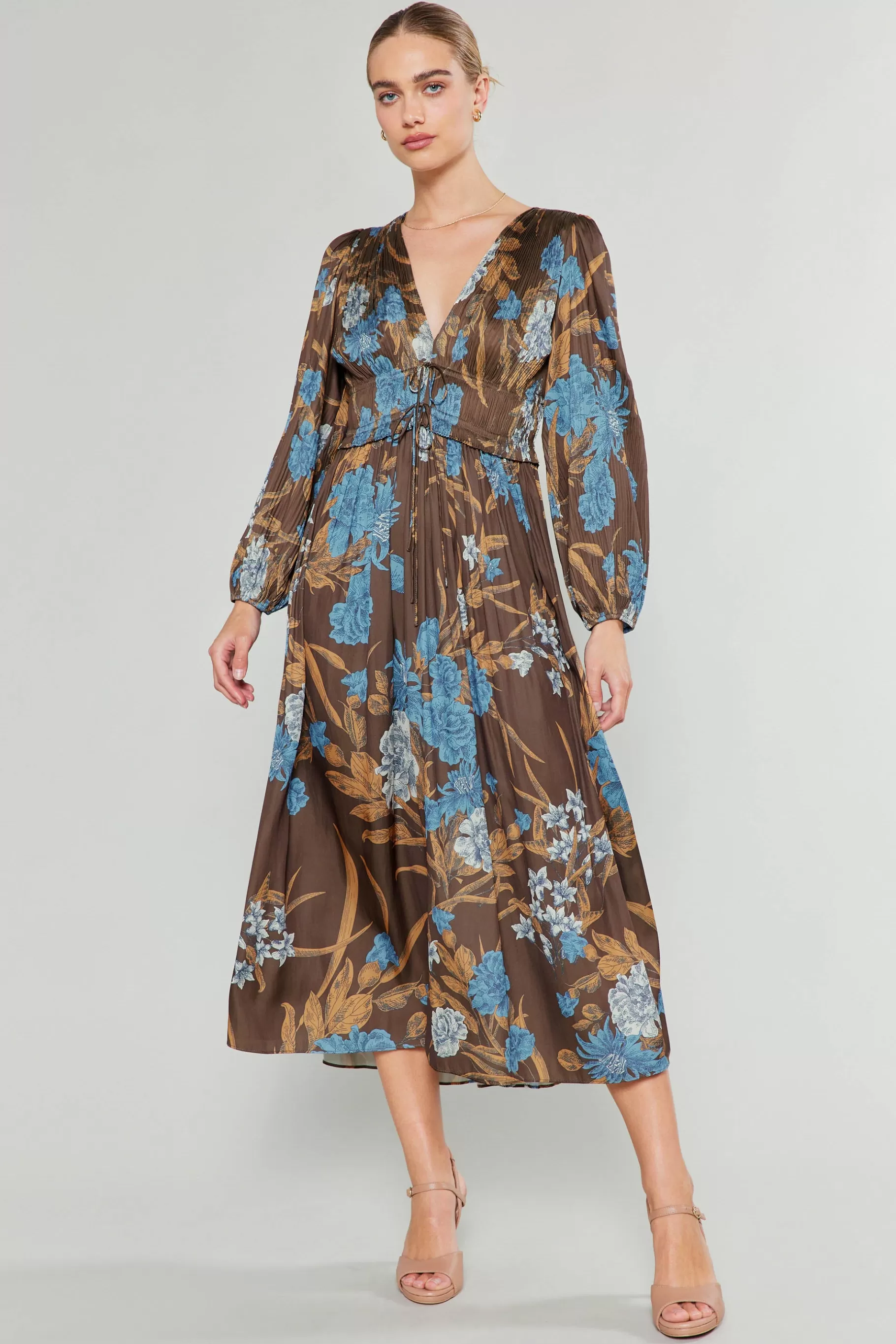 Current Air Midi Dresses>Sidonie Pleated Midi Dress BROWNFLORAL