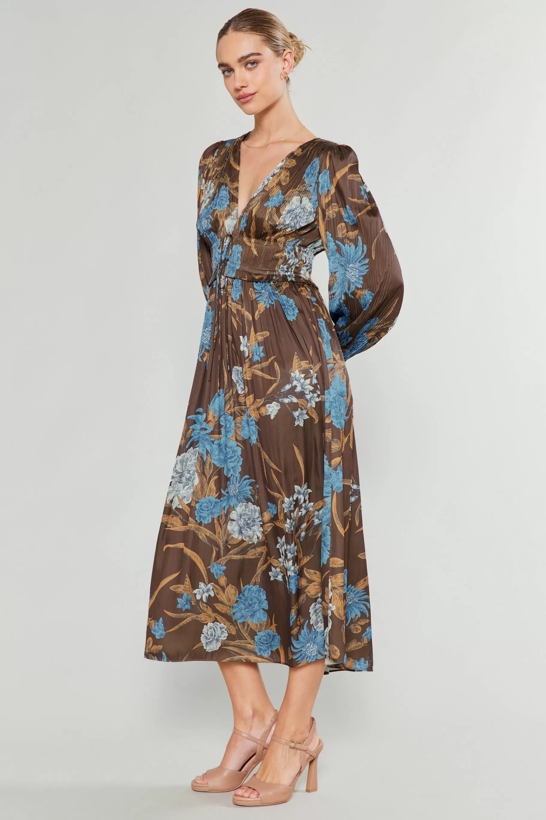 Current Air Midi Dresses>Sidonie Pleated Midi Dress BROWNFLORAL