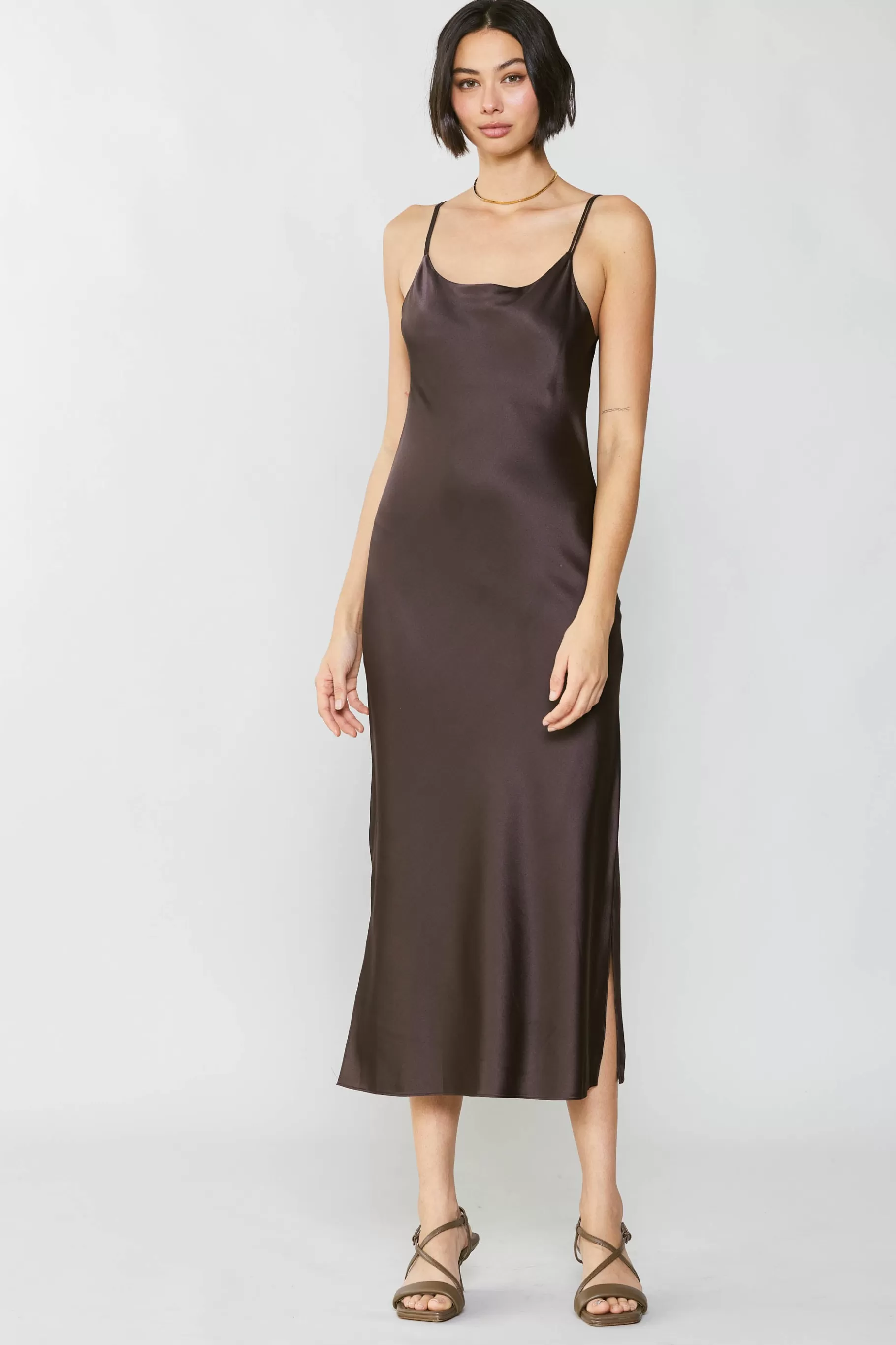 Current Air Midi Dresses>Silk Bias Midi Dress BROWN