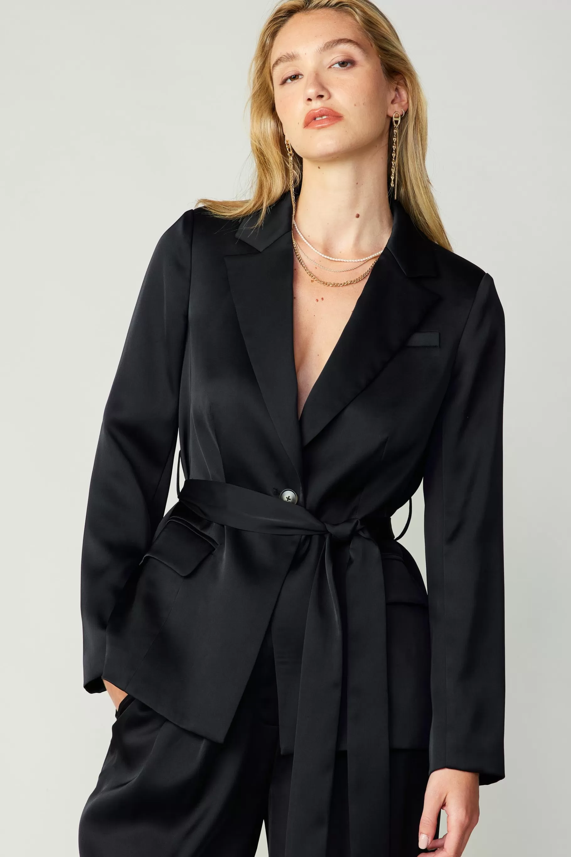 Current Air Coats & Jackets>Silky Belted Blazer BLACK