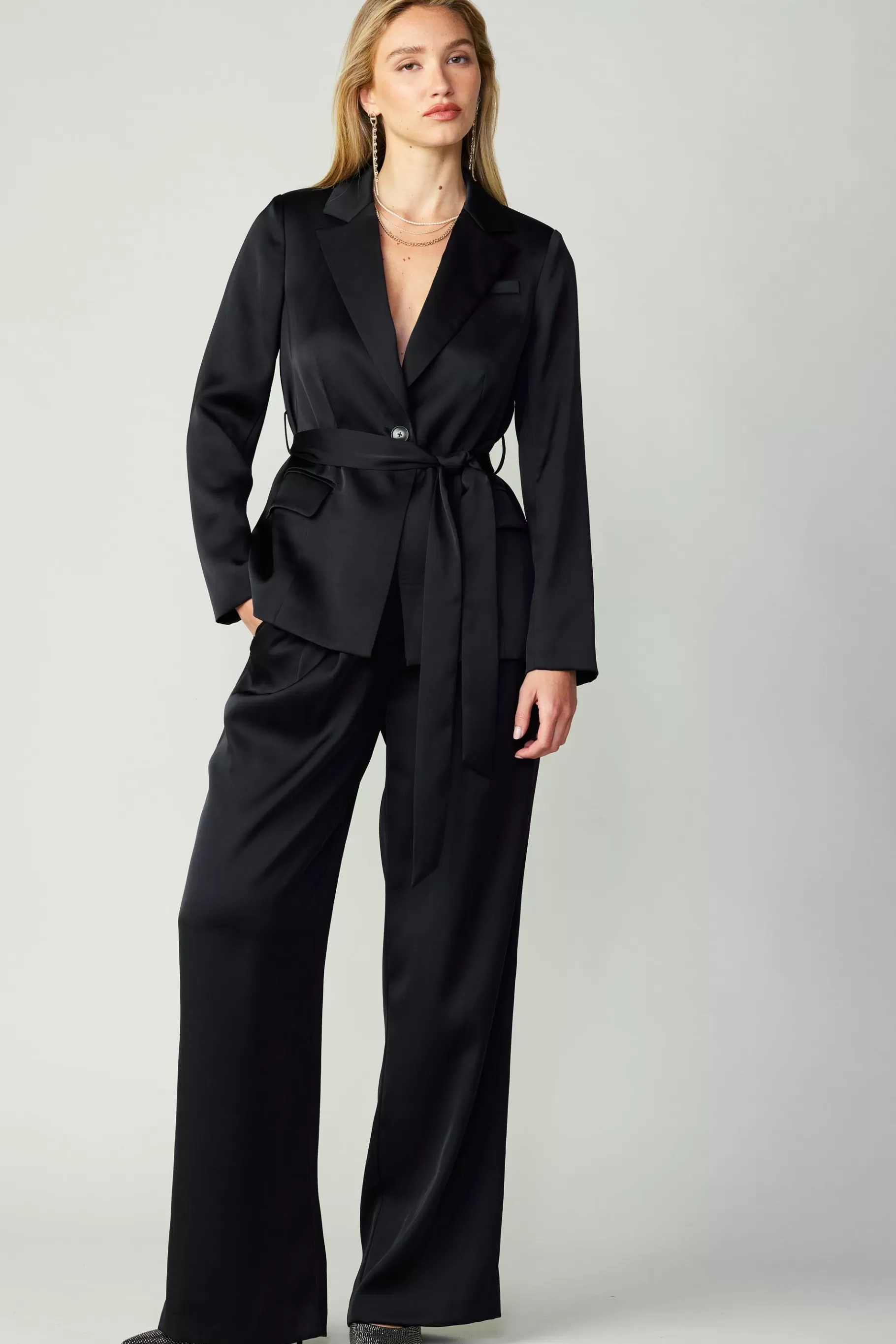 Current Air Coats & Jackets>Silky Belted Blazer BLACK