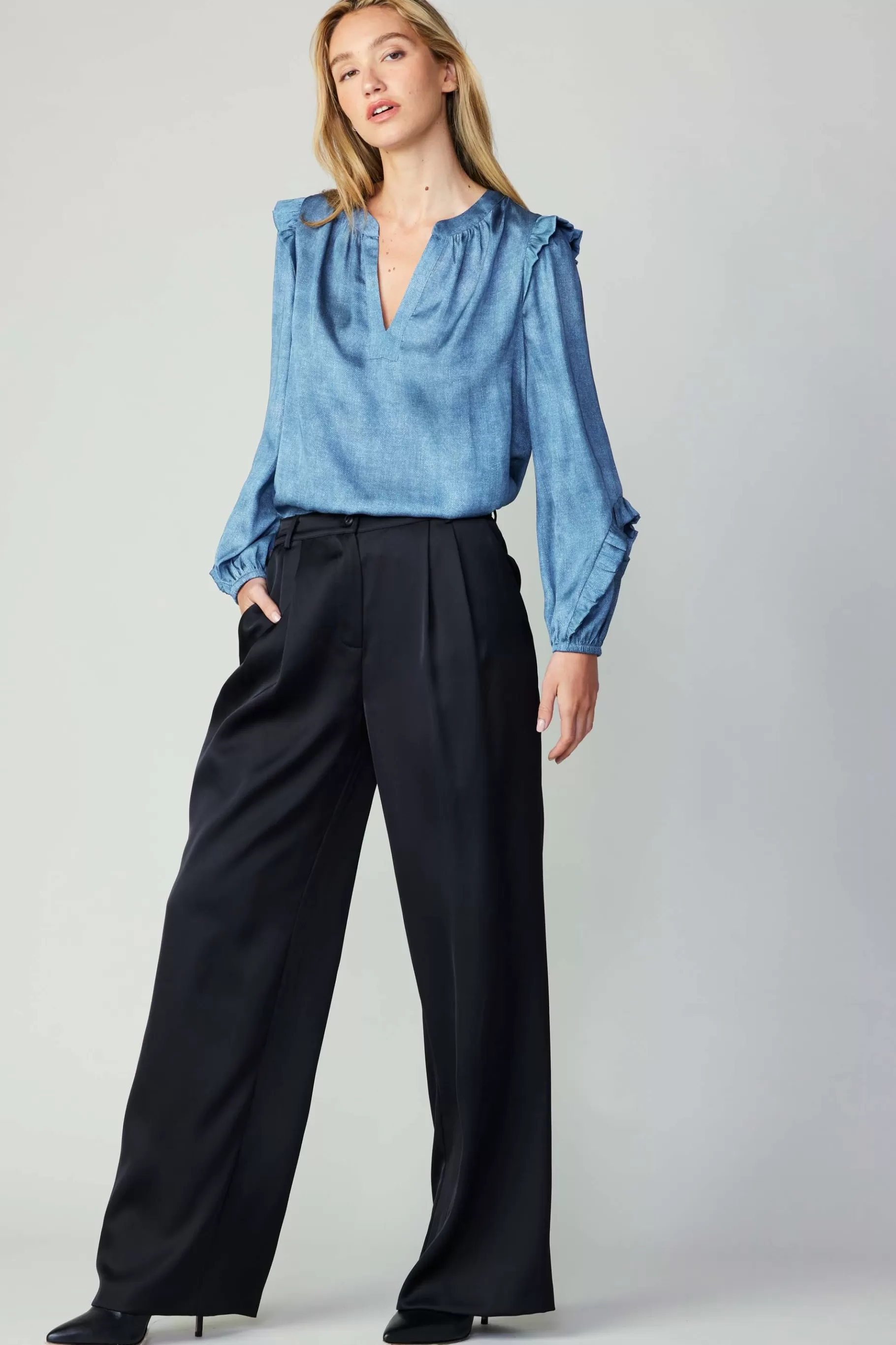 Current Air Pants>Silky Pintucked Trousers BLACK