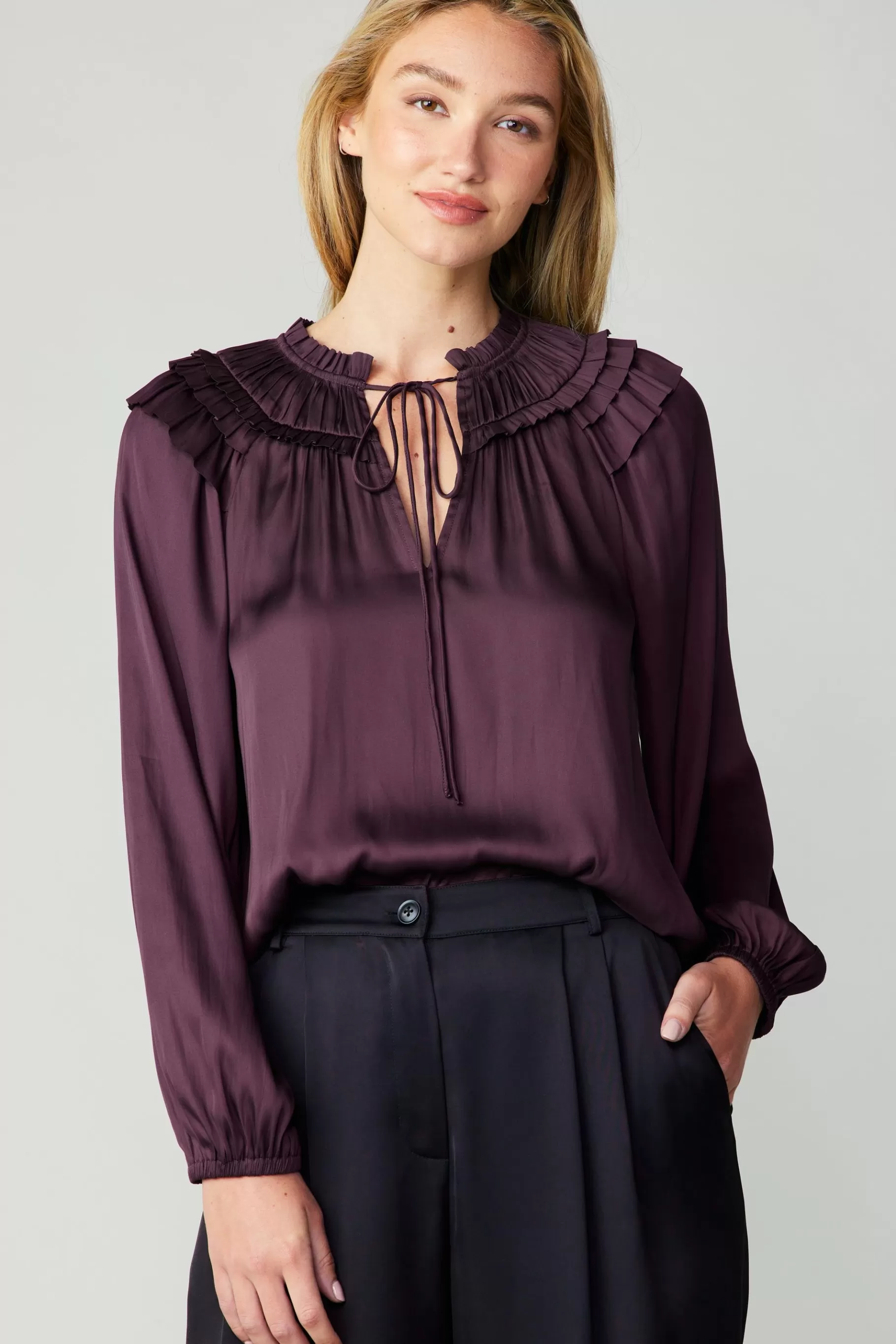 Current Air Long Sleeve Tops>Smocked Shoulder Blouse MIDNIGHTPLUM