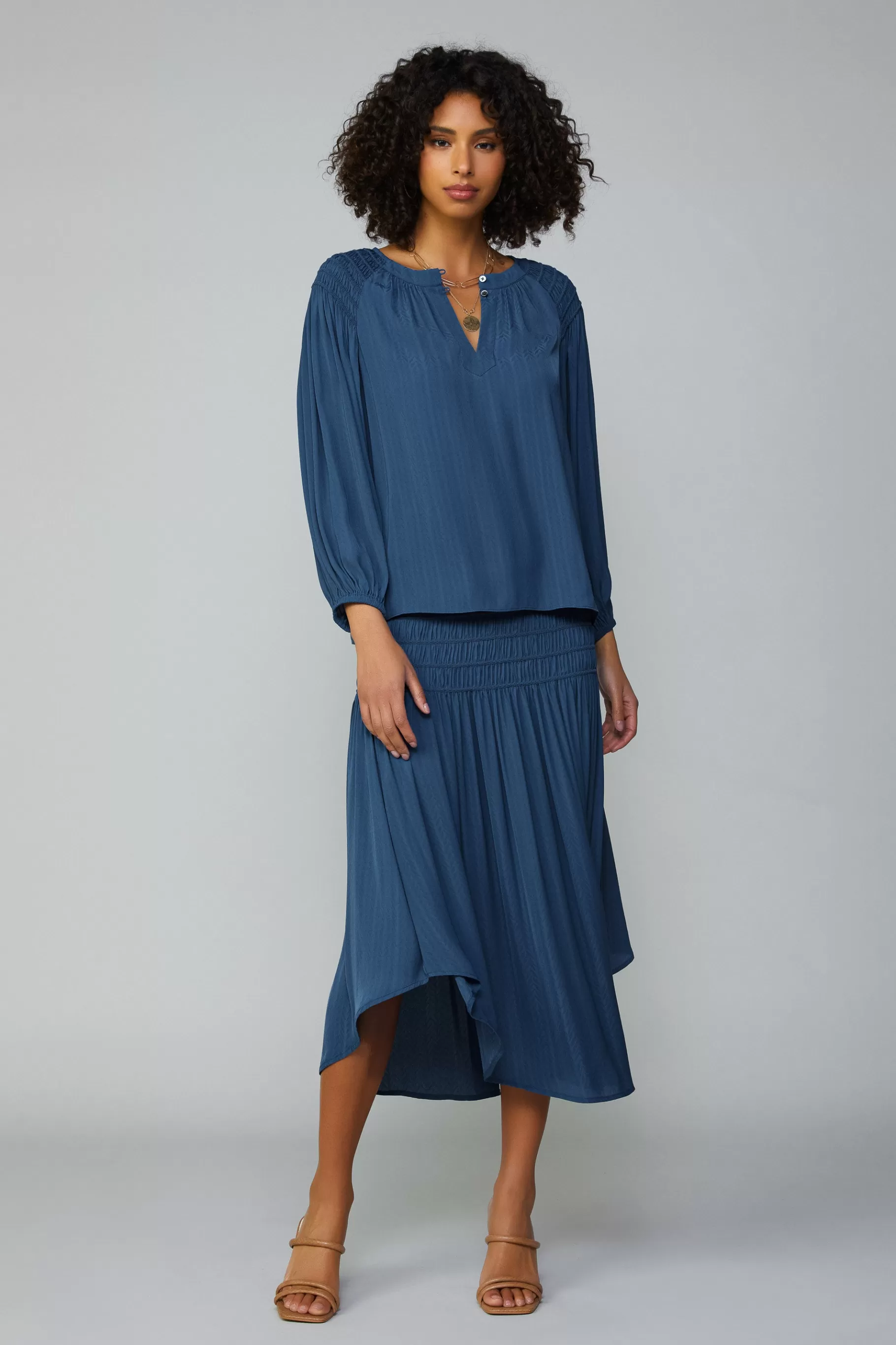 Current Air Long Sleeve Tops>Smocked Shoulder Button Blouse FRENCHNAVY