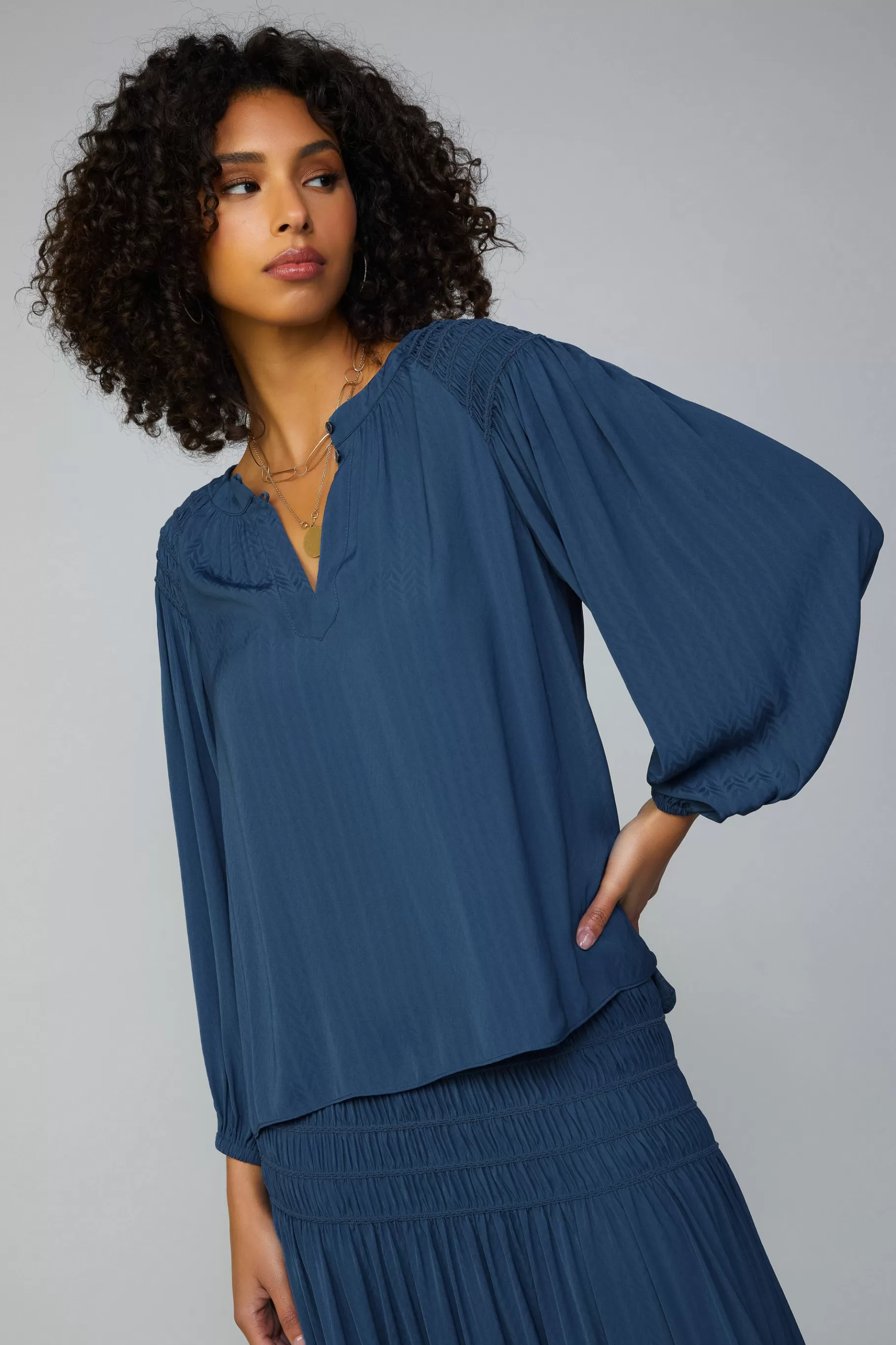Current Air Long Sleeve Tops>Smocked Shoulder Button Blouse FRENCHNAVY