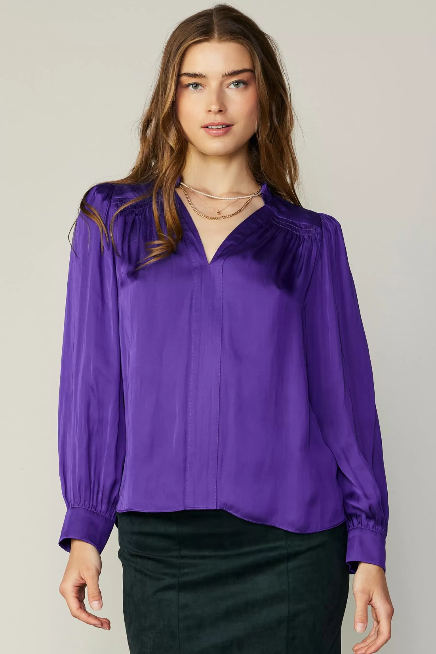 Current Air Long Sleeve Tops>Smocked Shoulder Cuffed Blouse SPACEPURPLE