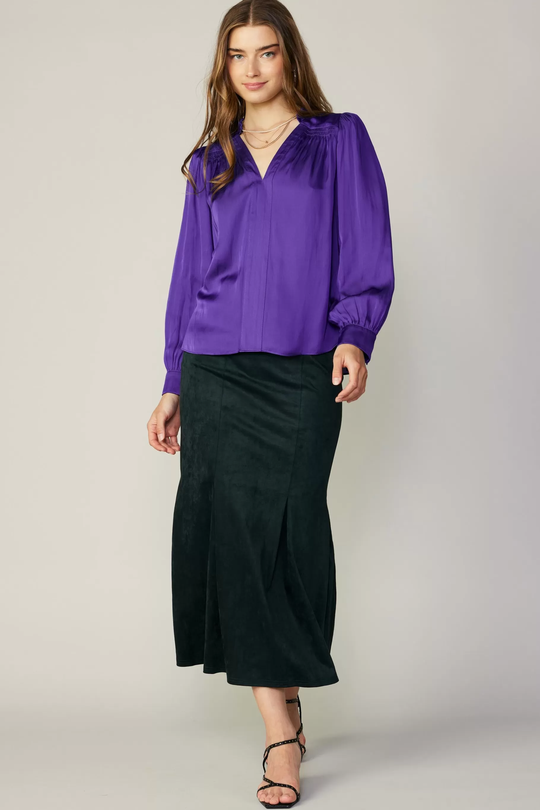 Current Air Long Sleeve Tops>Smocked Shoulder Cuffed Blouse SPACEPURPLE