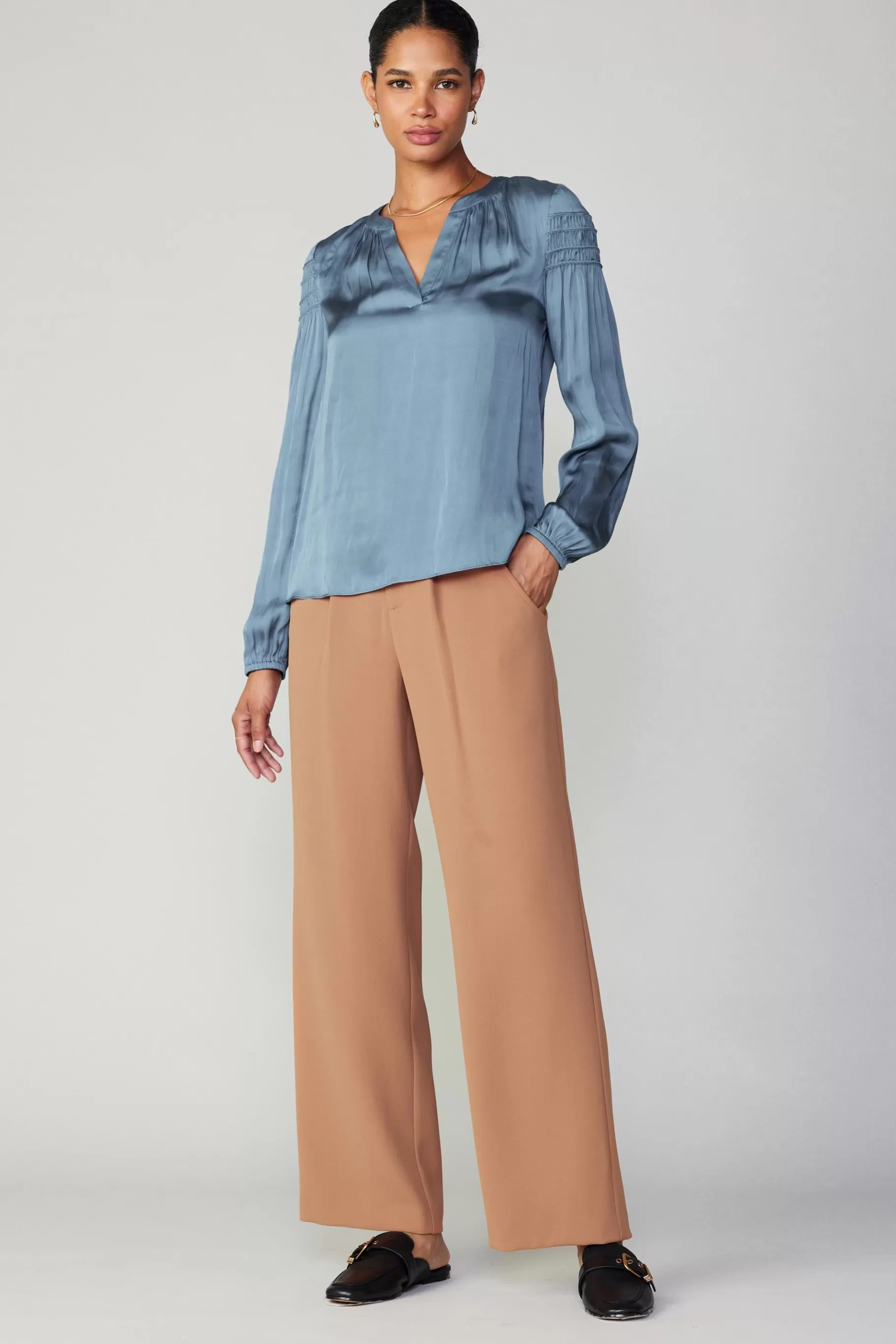 Current Air Long Sleeve Tops>Smocked Sleeve Blouse DUSTYSKY