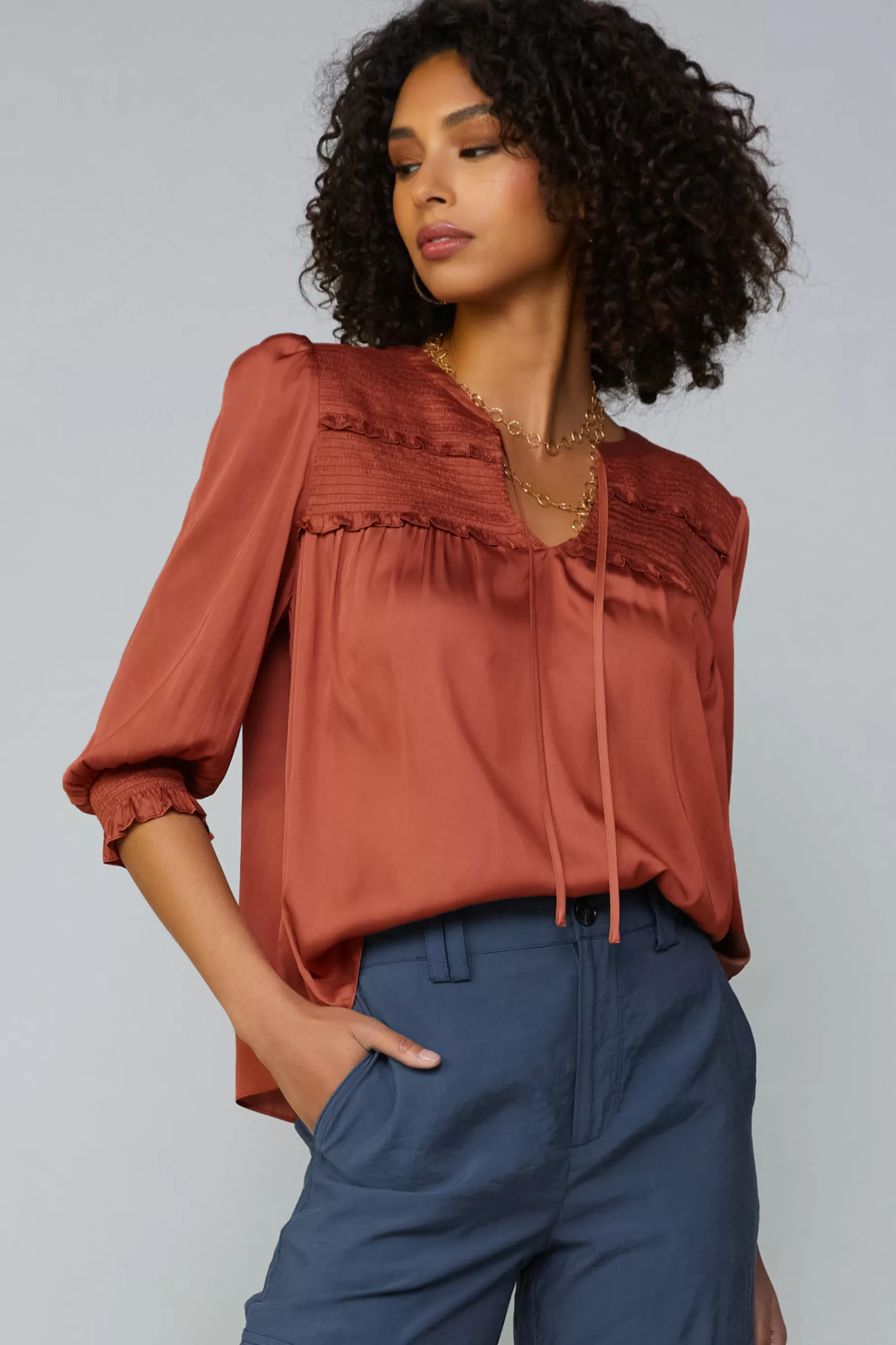 Current Air Long Sleeve Tops>Smocked Split Neck Blouse ROSEWOOD