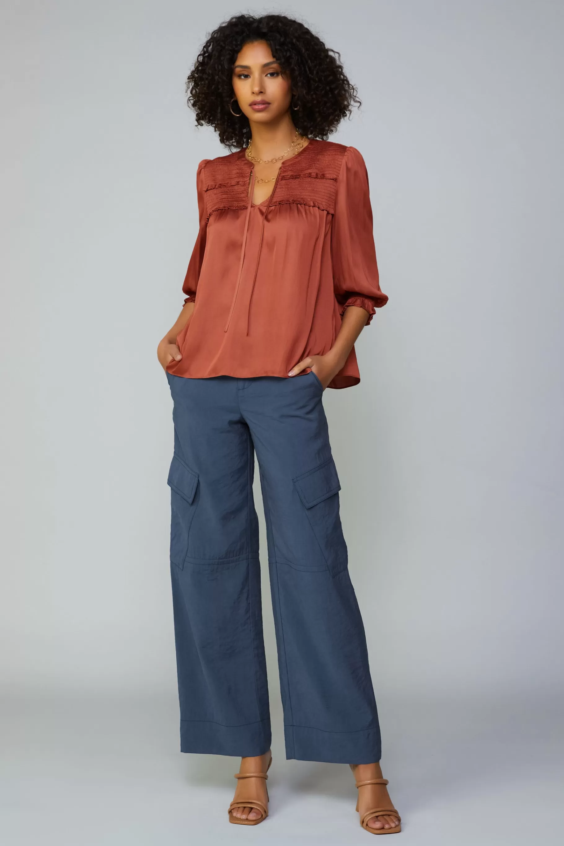 Current Air Long Sleeve Tops>Smocked Split Neck Blouse ROSEWOOD