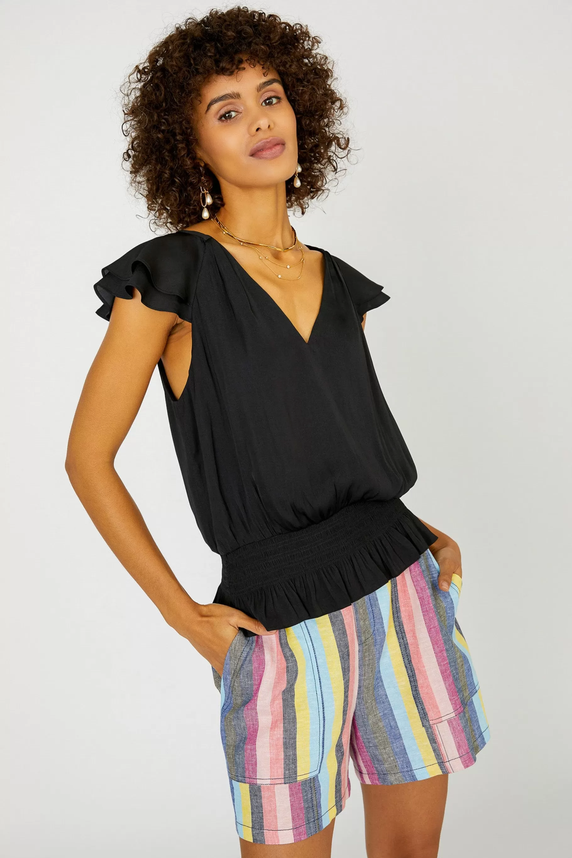 Current Air Sleeveless Tops>Smocked Waist Cap Sleeve Top BLACK