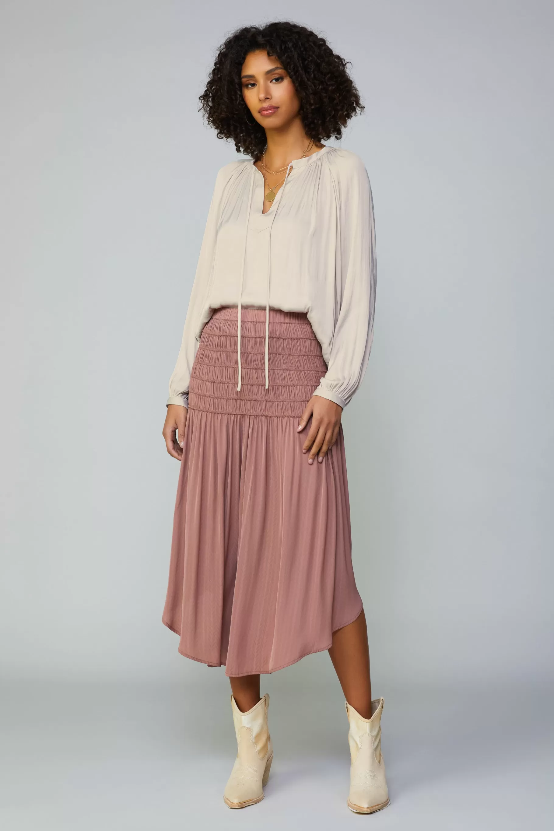 Current Air Skirts>Smocked Waist Midi Skirt DUSTYCLAY
