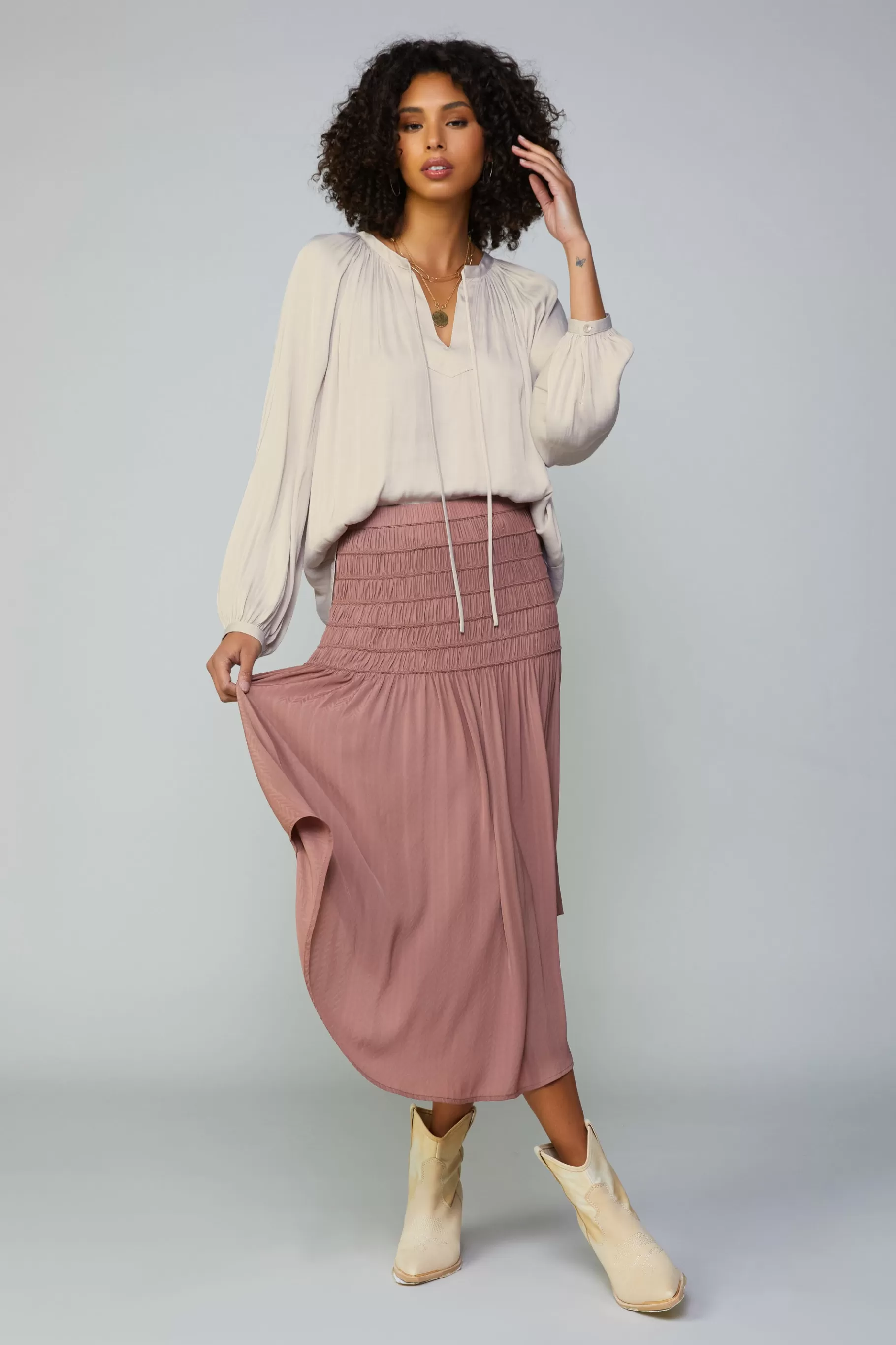 Current Air Skirts>Smocked Waist Midi Skirt DUSTYCLAY