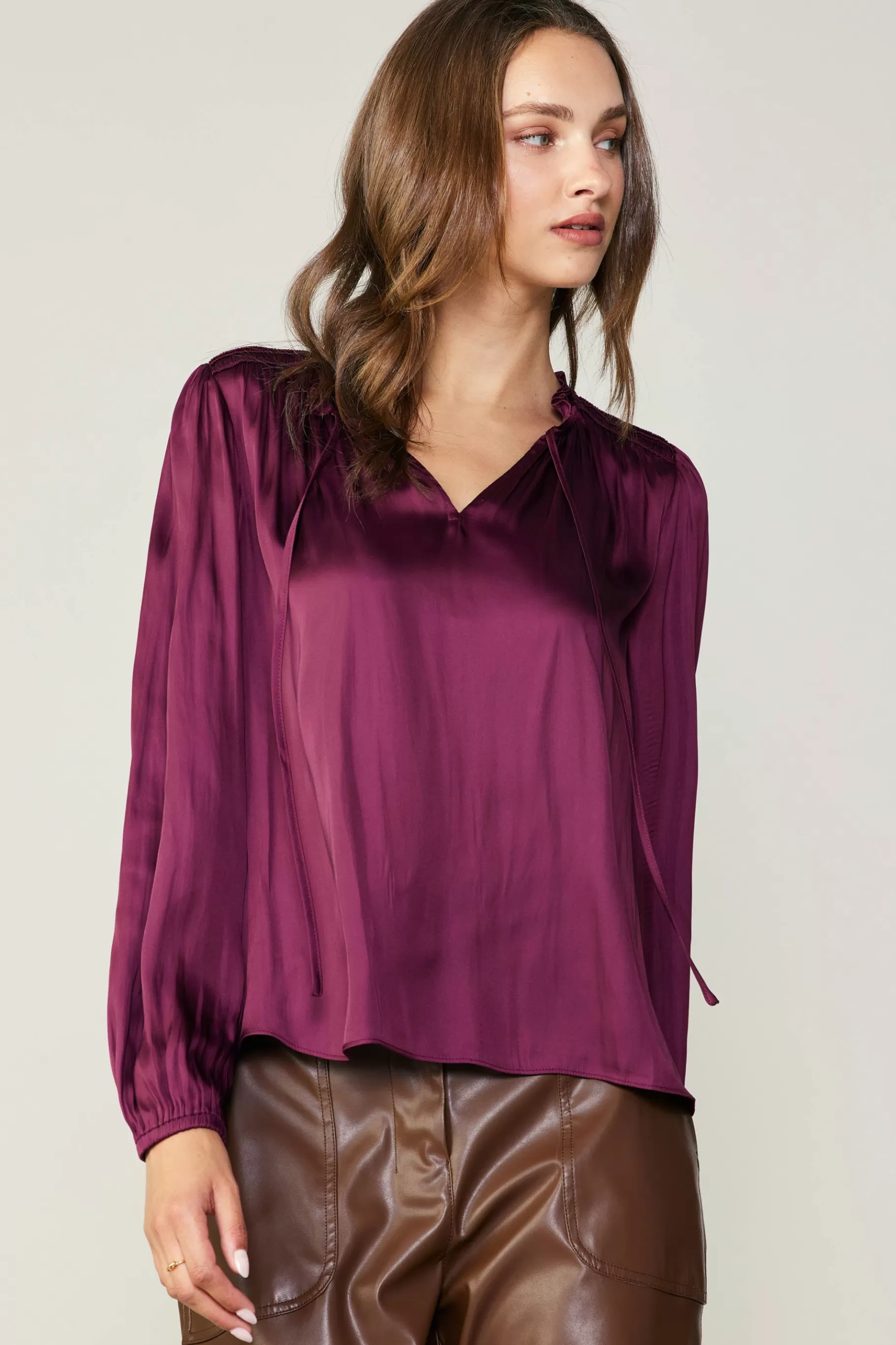 Current Air Long Sleeve Tops>Smocked Yoke Blouse WINE