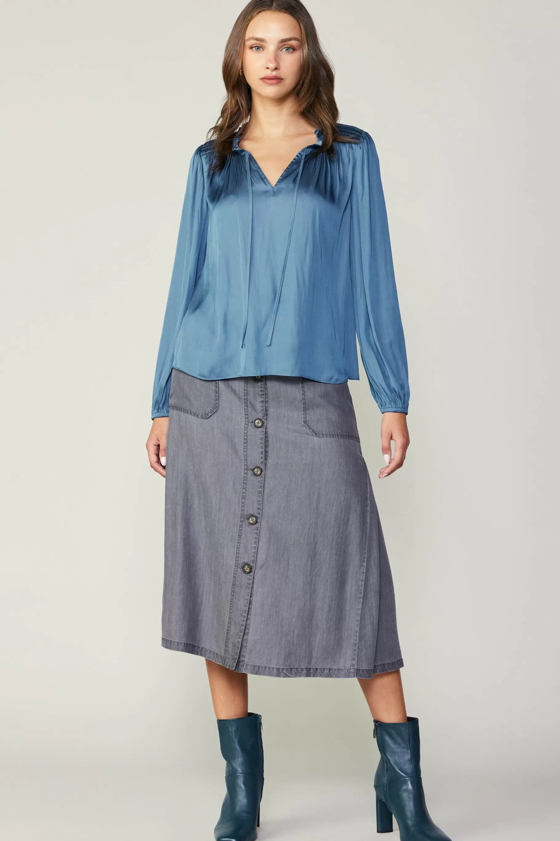 Current Air Long Sleeve Tops>Smocked Yoke Blouse AEGEANBLUE