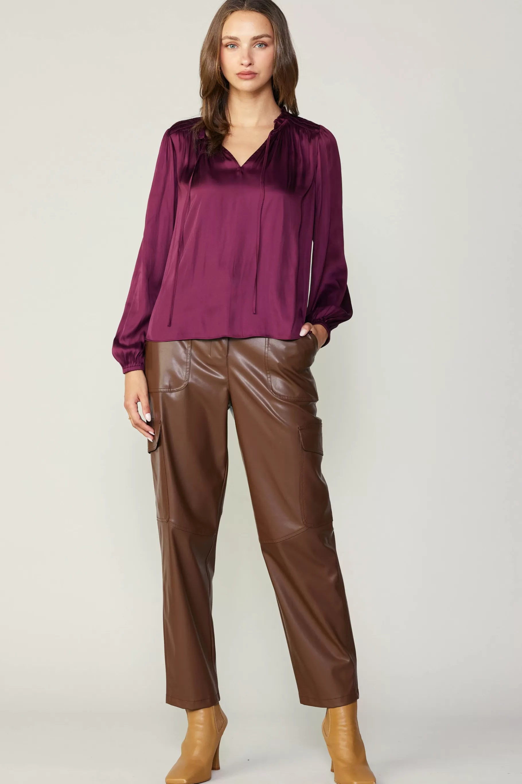 Current Air Long Sleeve Tops>Smocked Yoke Blouse WINE