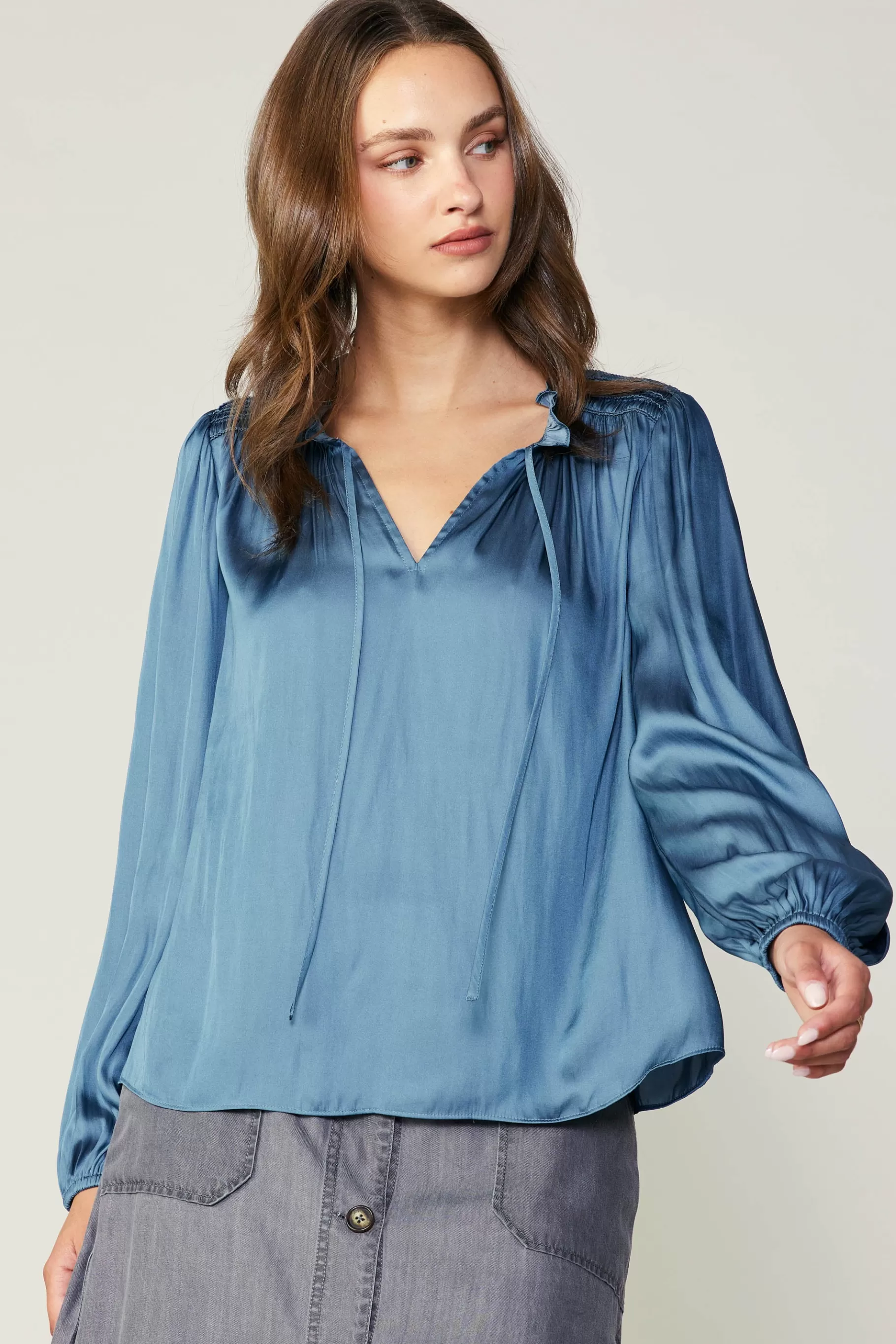 Current Air Long Sleeve Tops>Smocked Yoke Blouse AEGEANBLUE