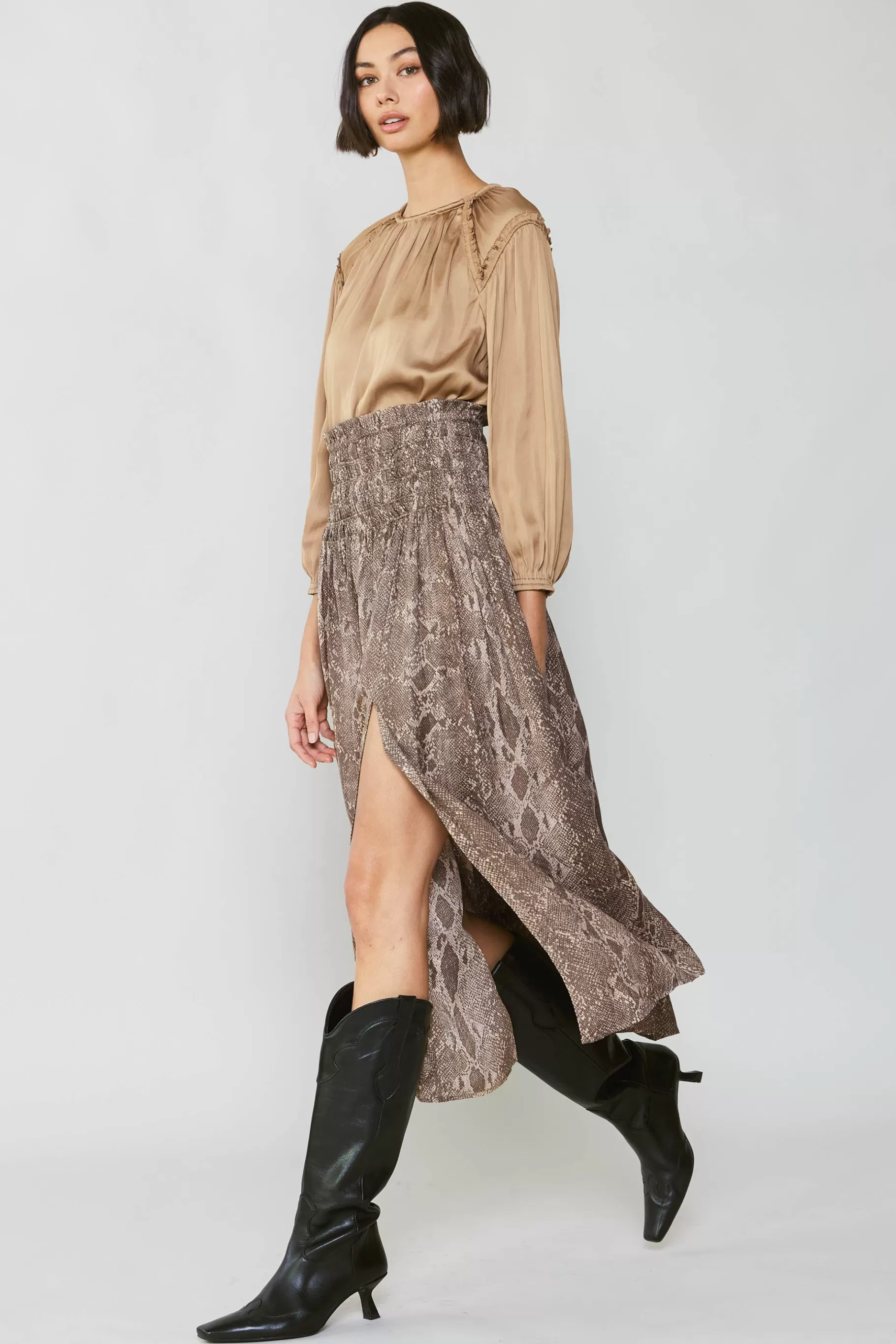 Current Air Skirts>Snake Print Midi Skirt BROWN