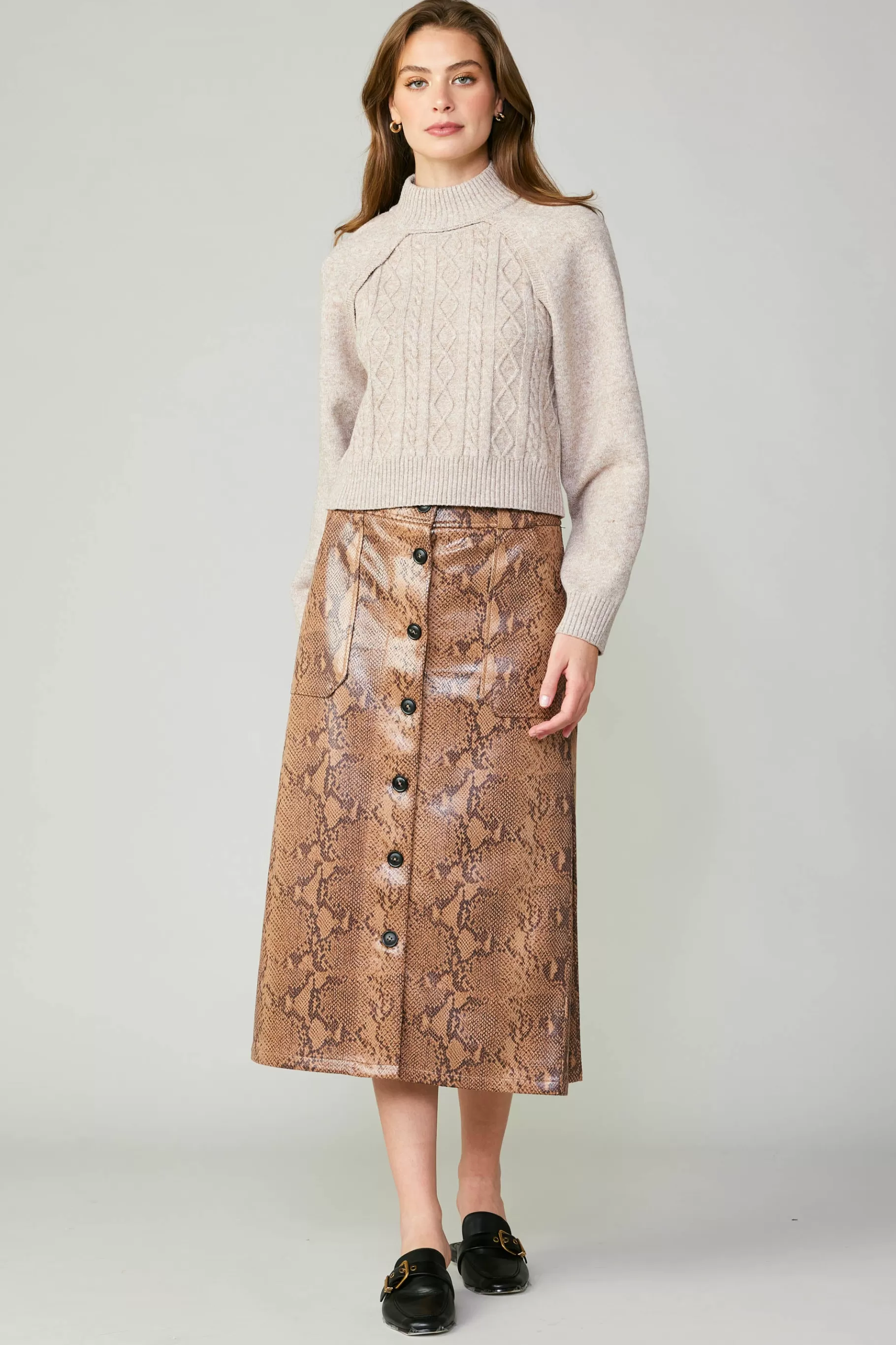 Current Air Skirts>Snake Print Midi Skirt SNAKESKINBROWN