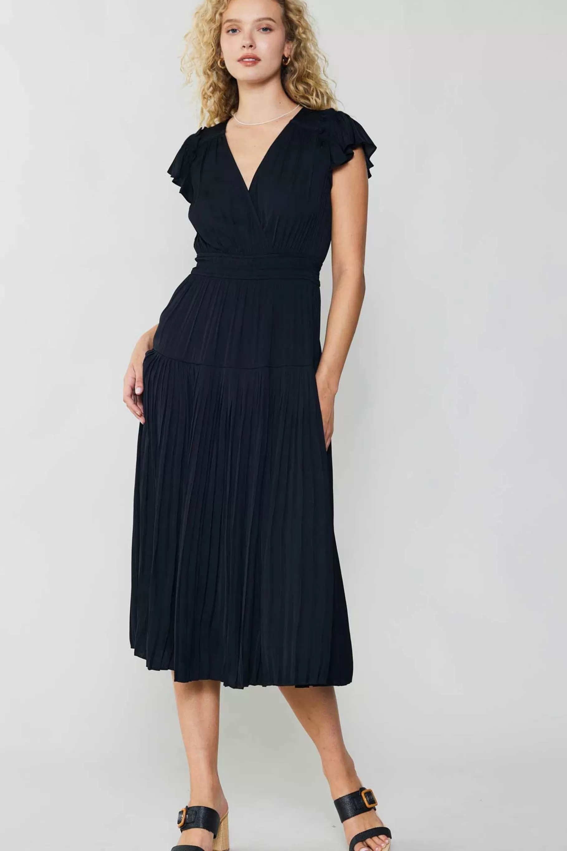 Current Air Midi Dresses>Sophia Flutter Sleeve Midi Dress BLACK