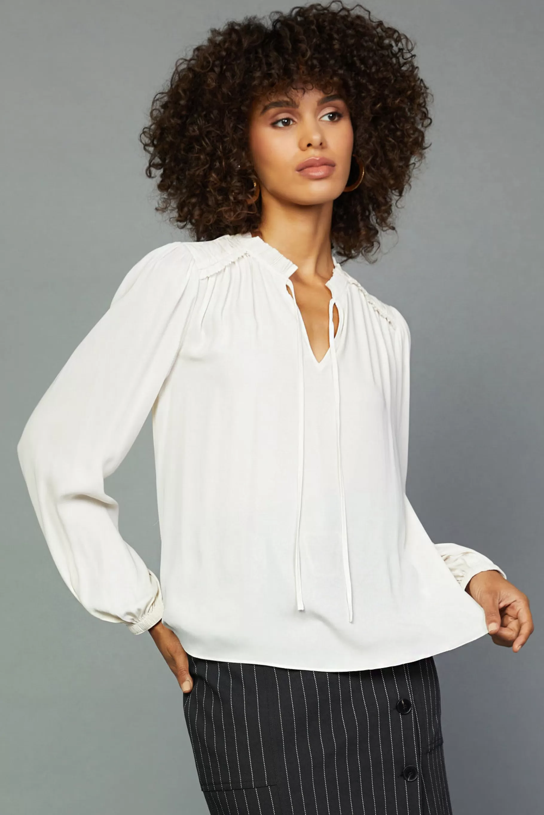 Current Air Long Sleeve Tops>Split Neck Blouse ECRU