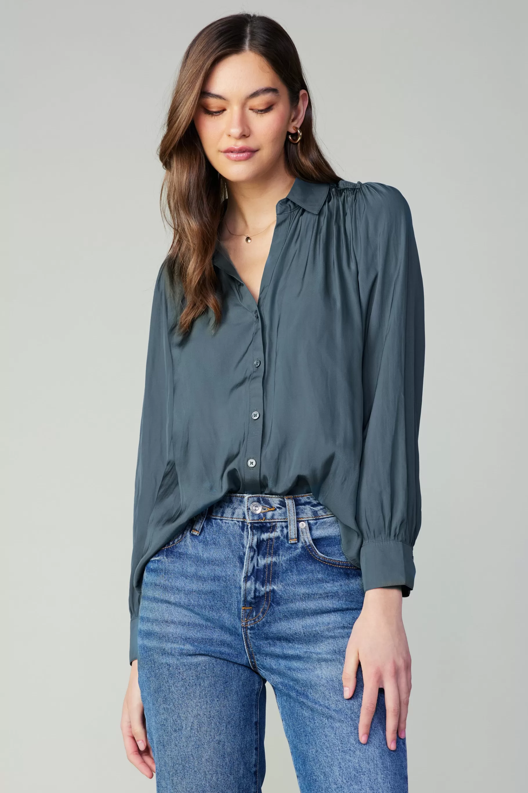 Current Air Long Sleeve Tops>Split Neck Buttoned Shirt FORESTGREEN