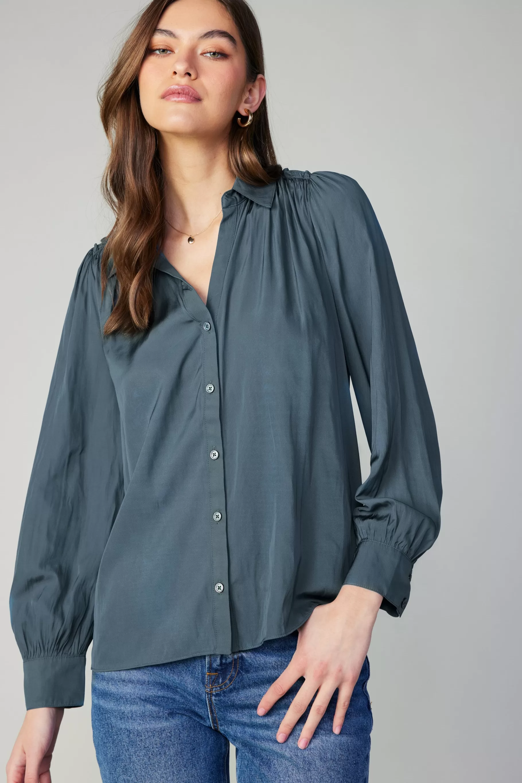 Current Air Long Sleeve Tops>Split Neck Buttoned Shirt FORESTGREEN