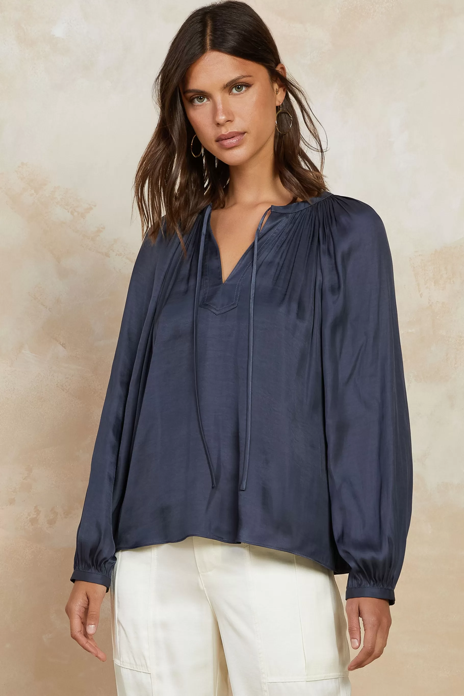 Current Air Long Sleeve Tops>Split Neck Long Sleeve Top CHARCOAL