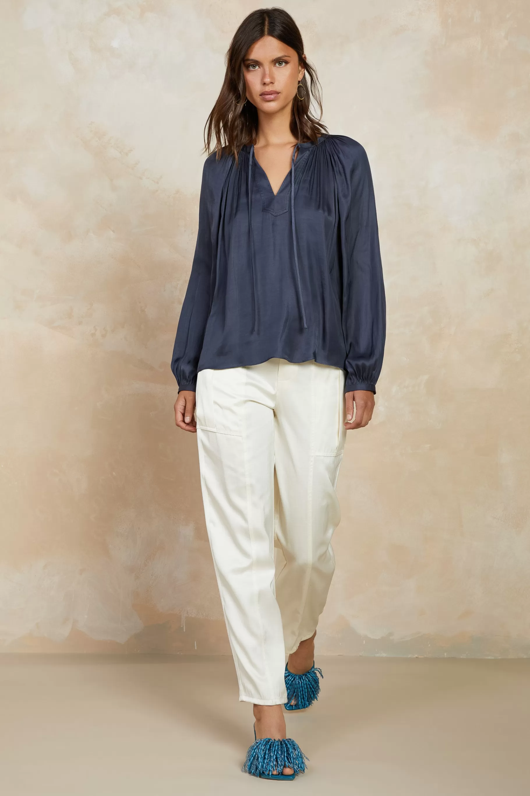 Current Air Long Sleeve Tops>Split Neck Long Sleeve Top CHARCOAL