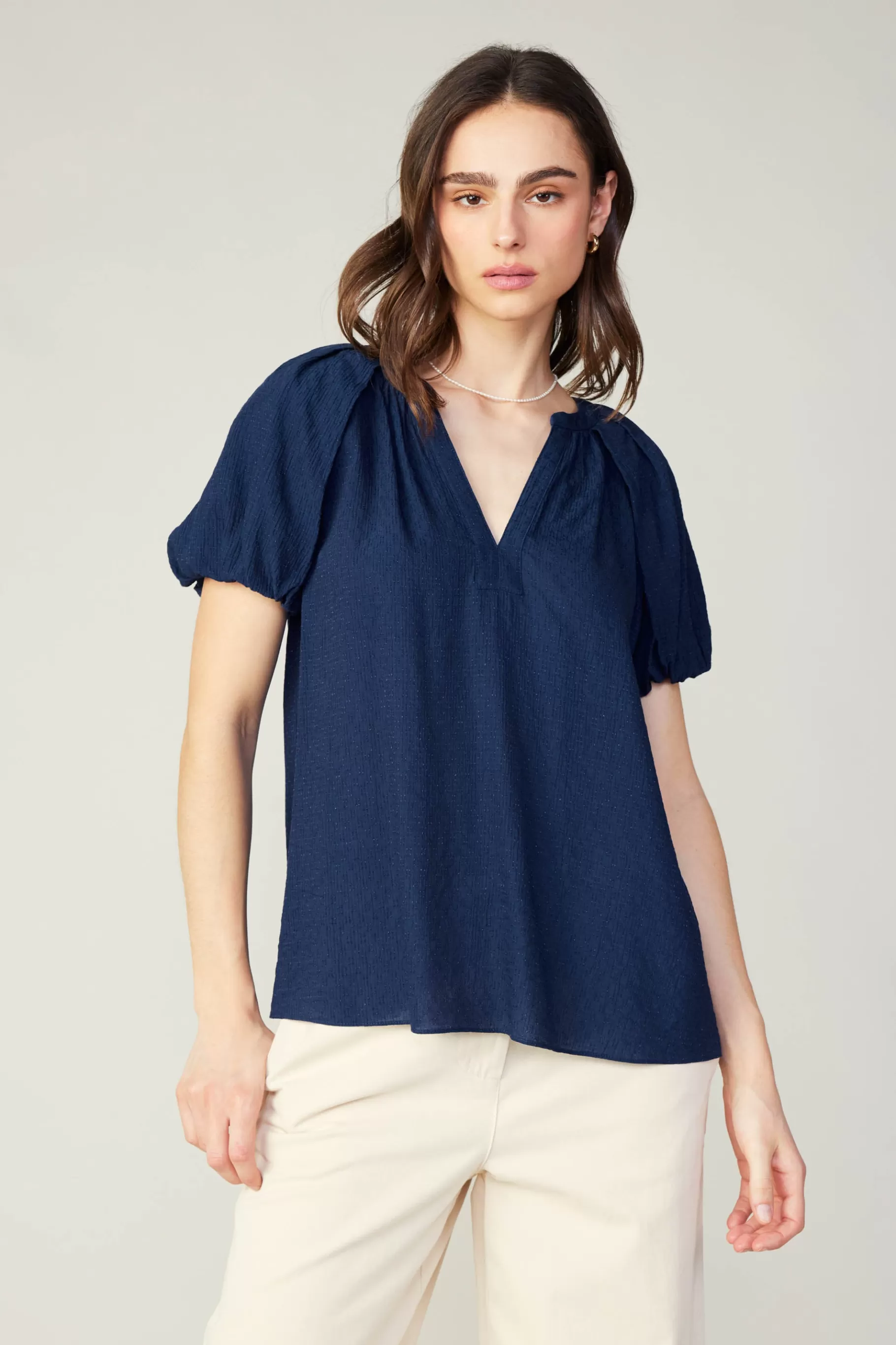 Current Air Short Sleeve Tops>Split Neckline Top NAVY