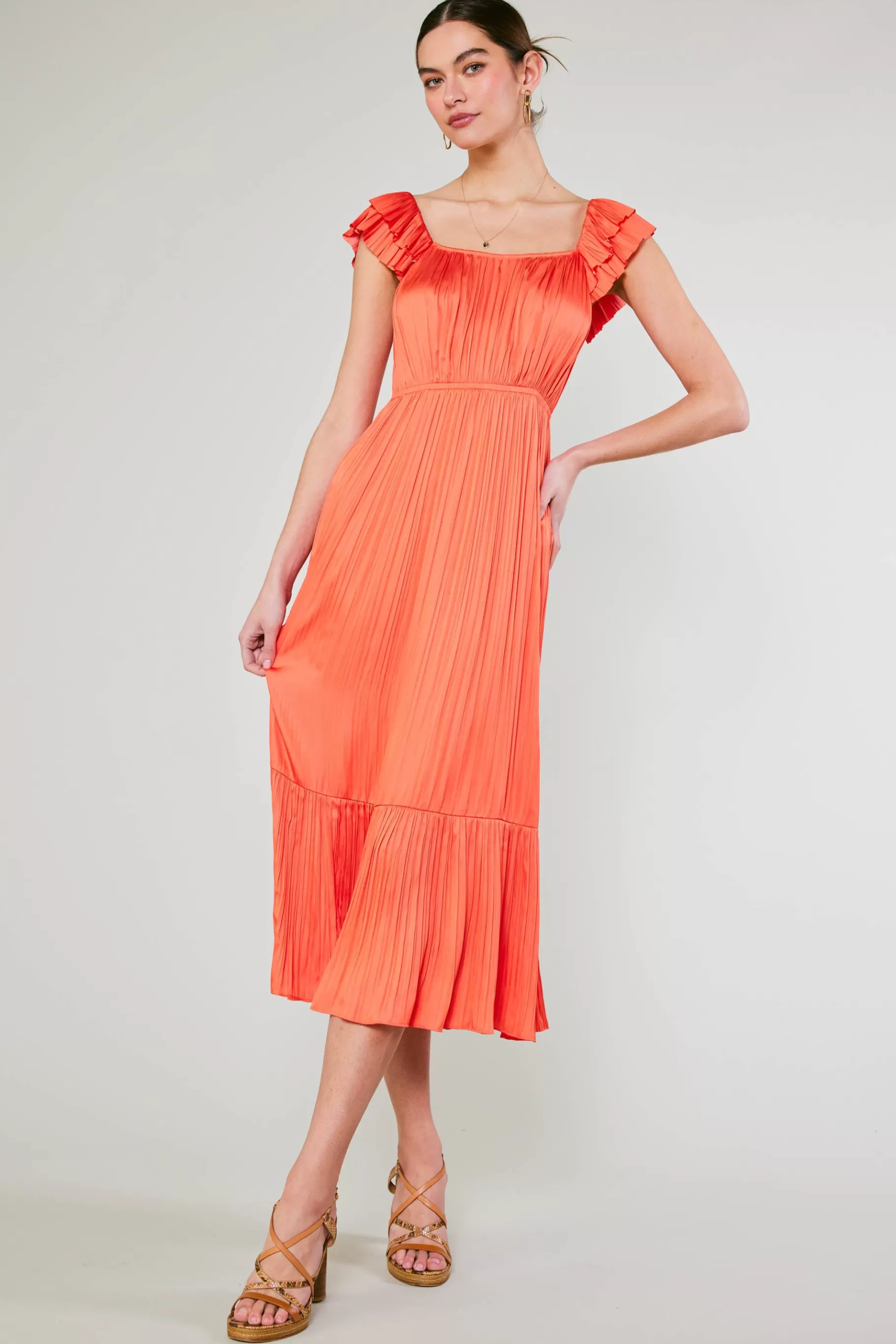 Current Air Midi Dresses>Square Neck Flutter Sleeve Midi Dress ORANGERED