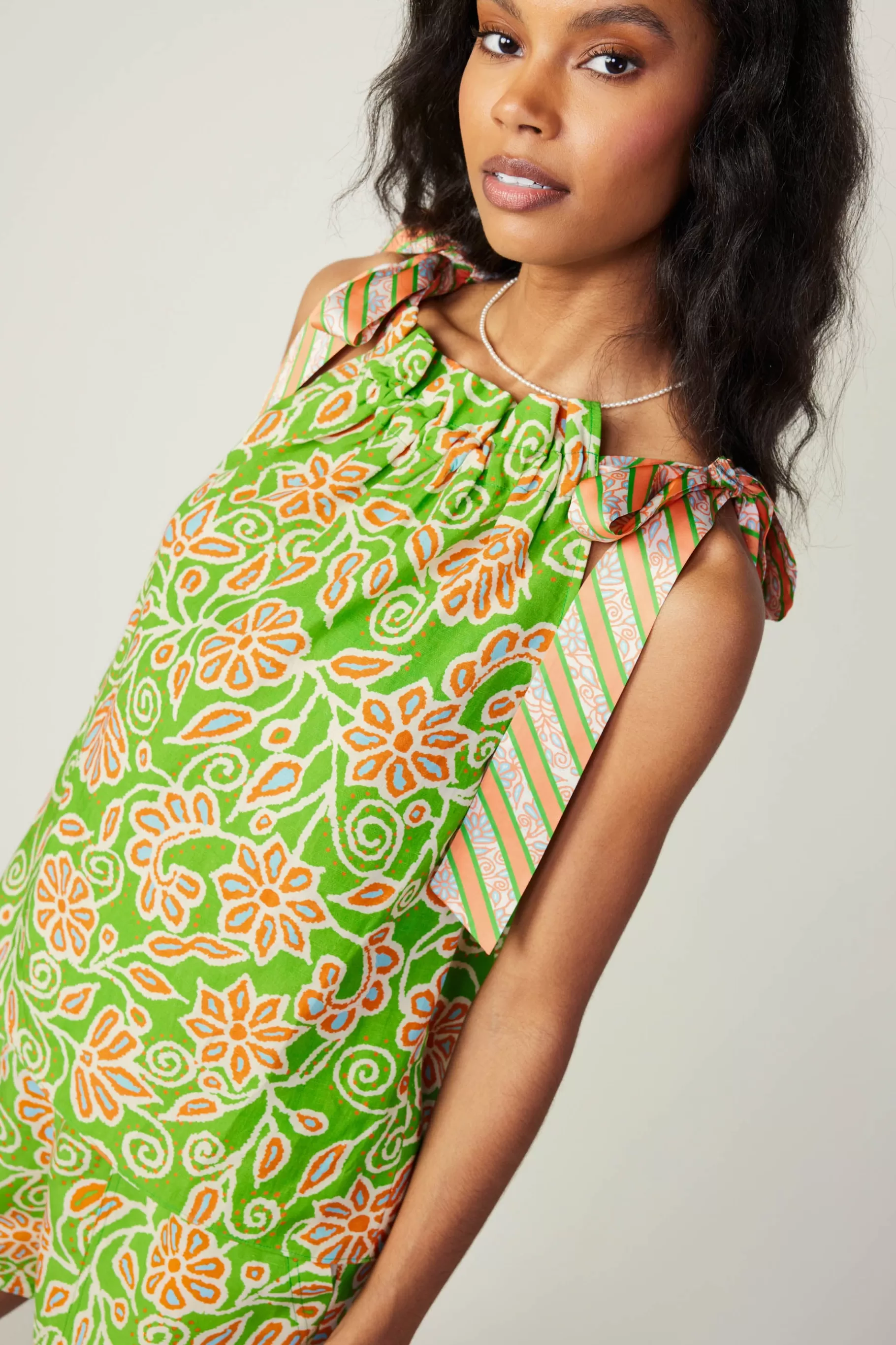 Current Air Sleeveless Tops>Striped Bow Floral Top GREENORANGEMLT