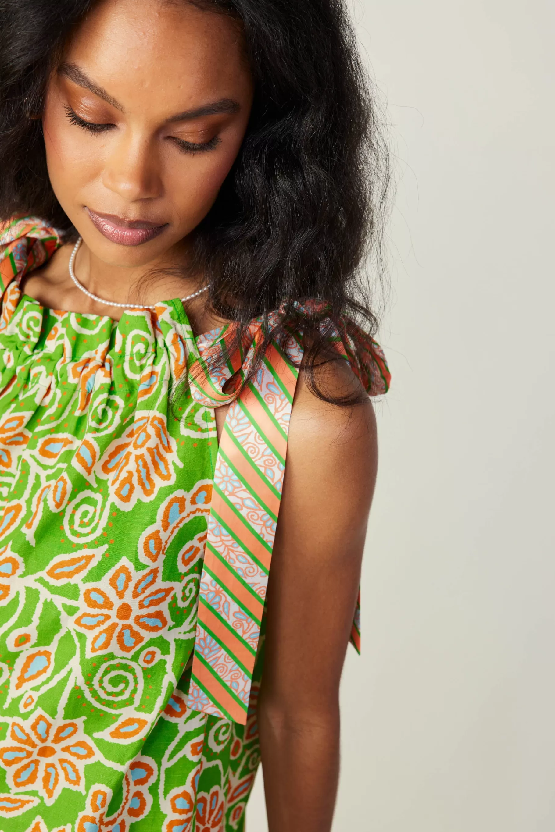 Current Air Sleeveless Tops>Striped Bow Floral Top GREENORANGEMLT
