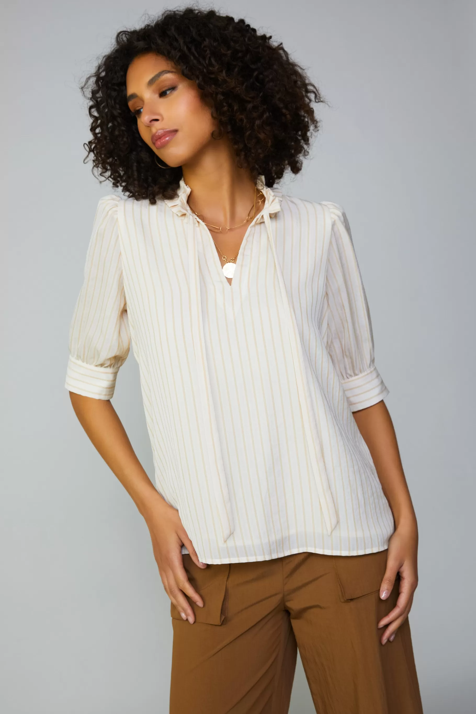 Current Air Short Sleeve Tops>Striped Structured Sleeve Blouse NATURALSTRIPE
