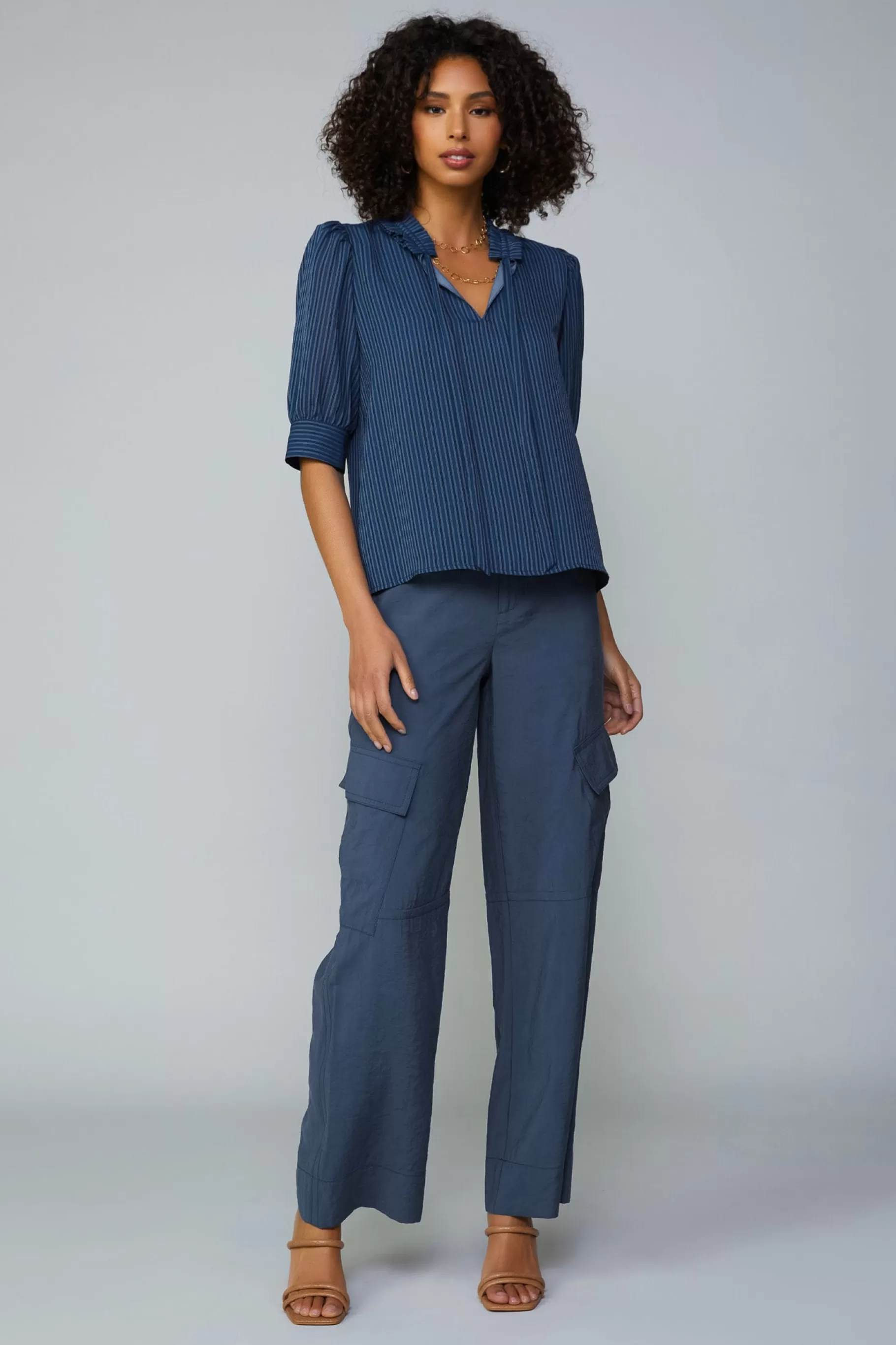 Current Air Short Sleeve Tops>Striped Structured Sleeve Blouse NAVY