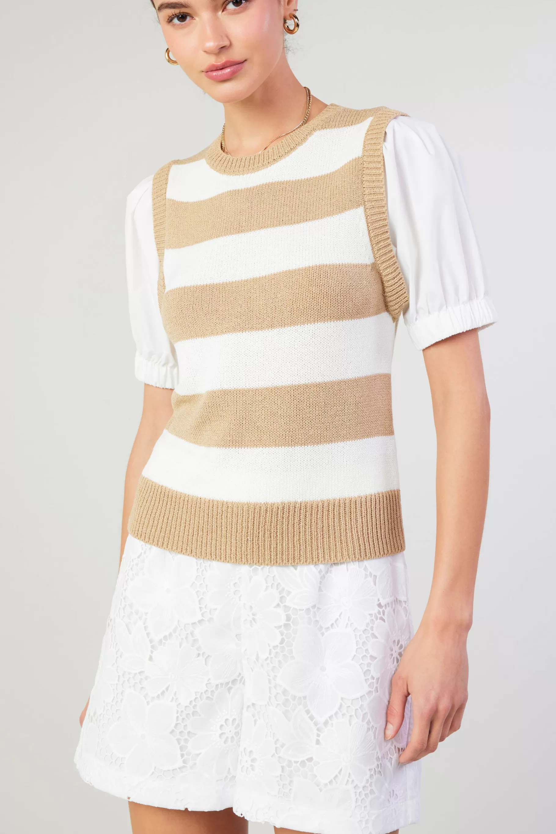 Current Air Knitwear | Short Sleeve Tops>Striped Sweater Top TAUPE