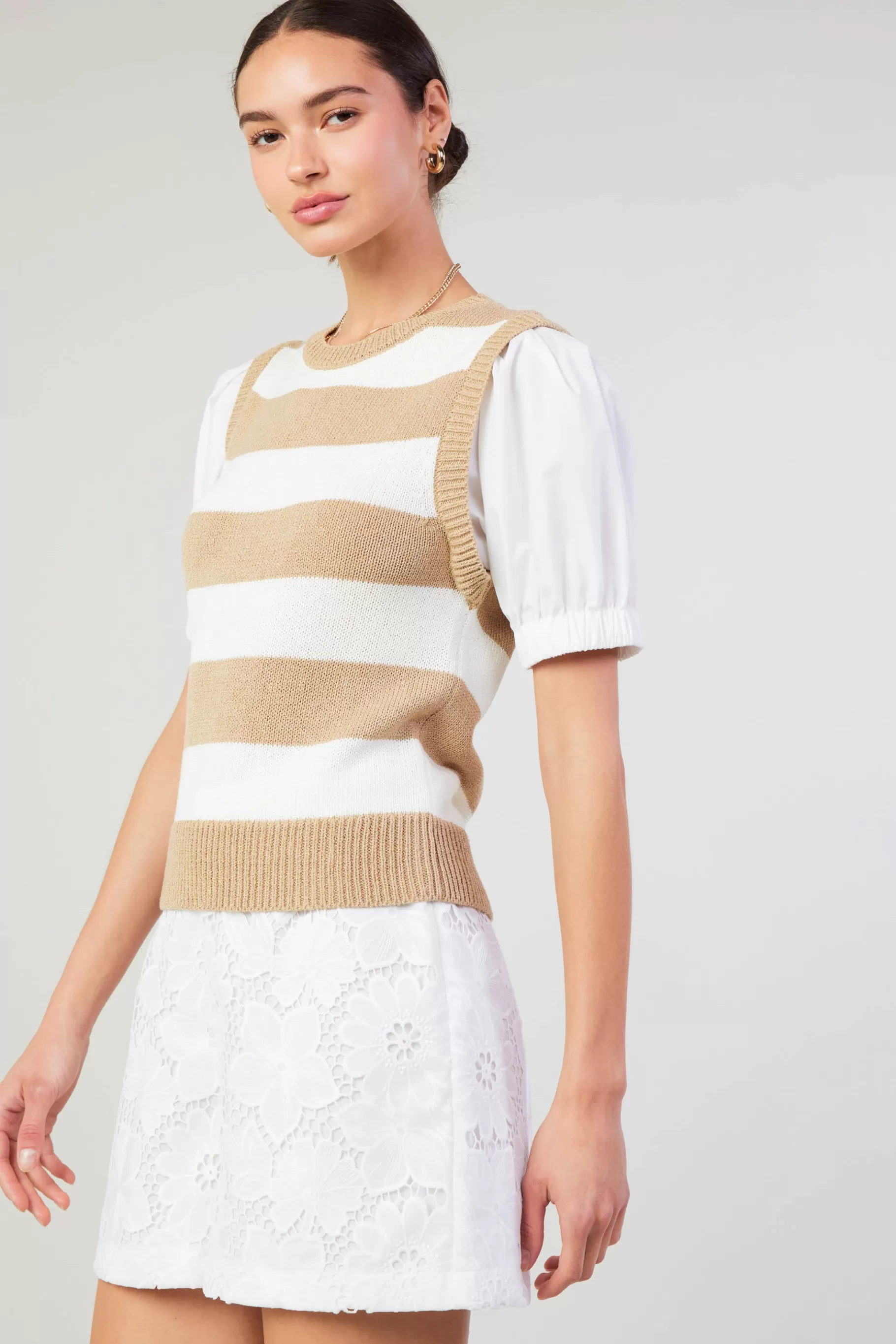 Current Air Knitwear | Short Sleeve Tops>Striped Sweater Top TAUPE