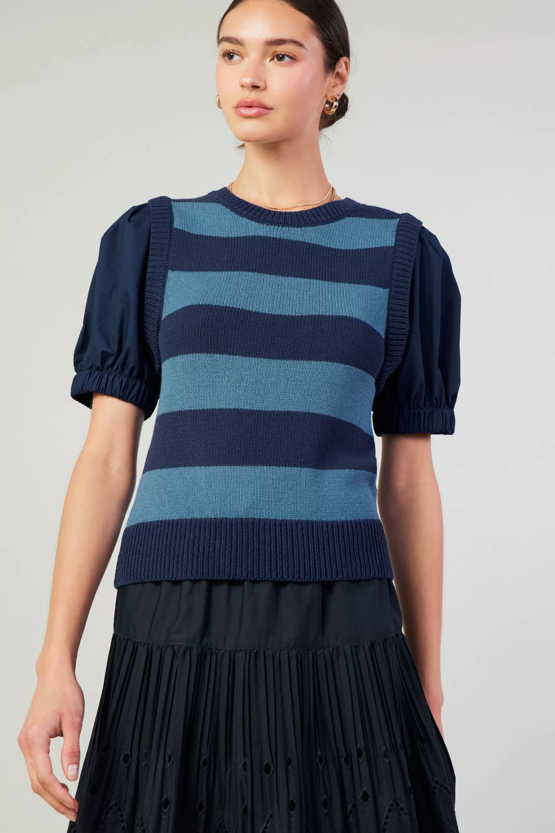 Current Air Knitwear | Short Sleeve Tops>Striped Sweater Top NAVY