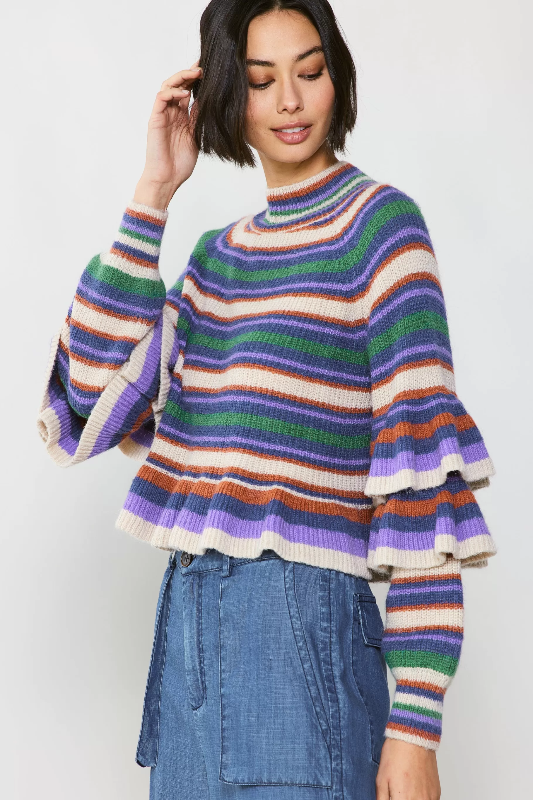 Current Air Sweaters>Striped Tiered Sleeve Sweater PURPLEGREEN