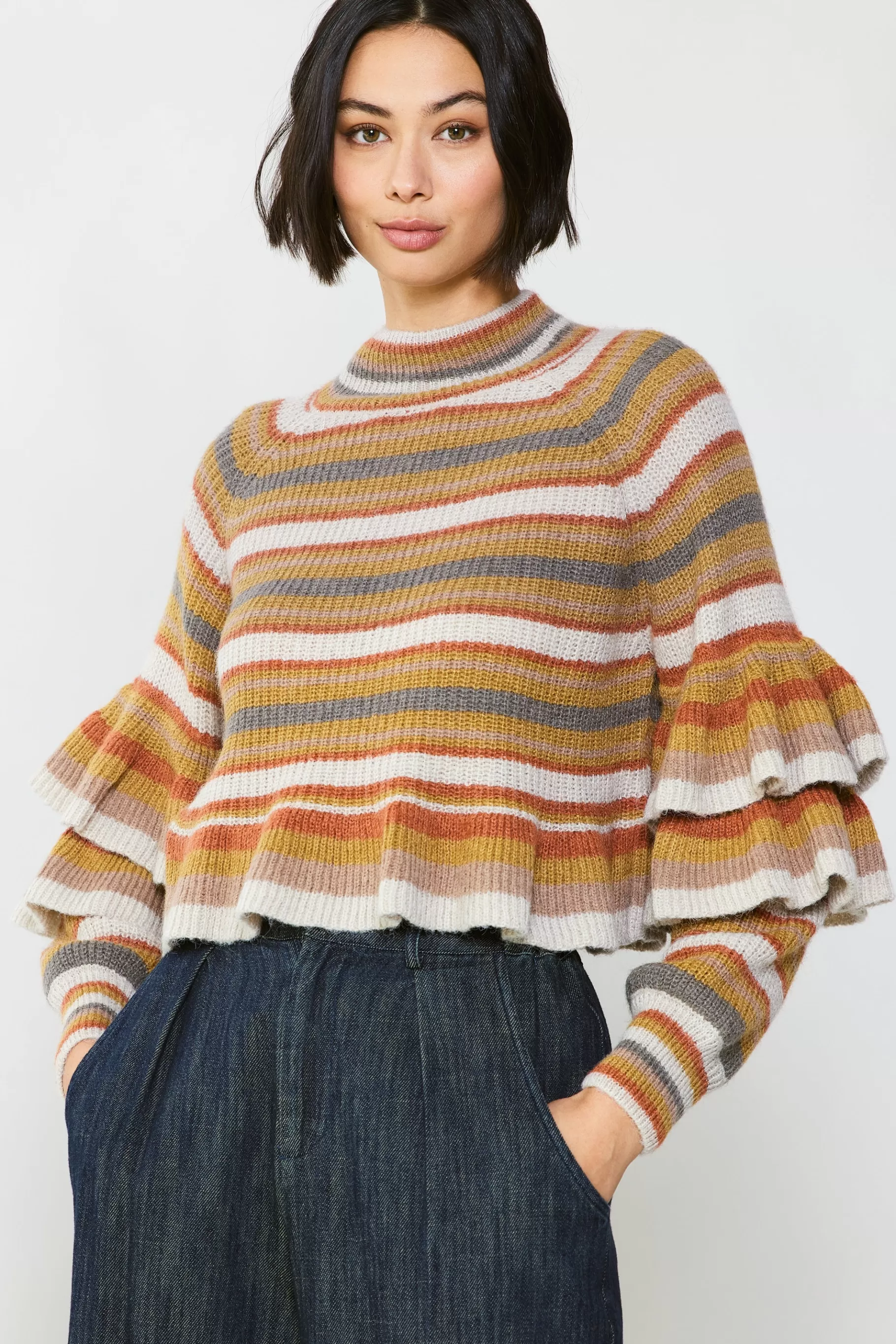 Current Air Sweaters>Striped Tiered Sleeve Sweater MUSTARDMLT