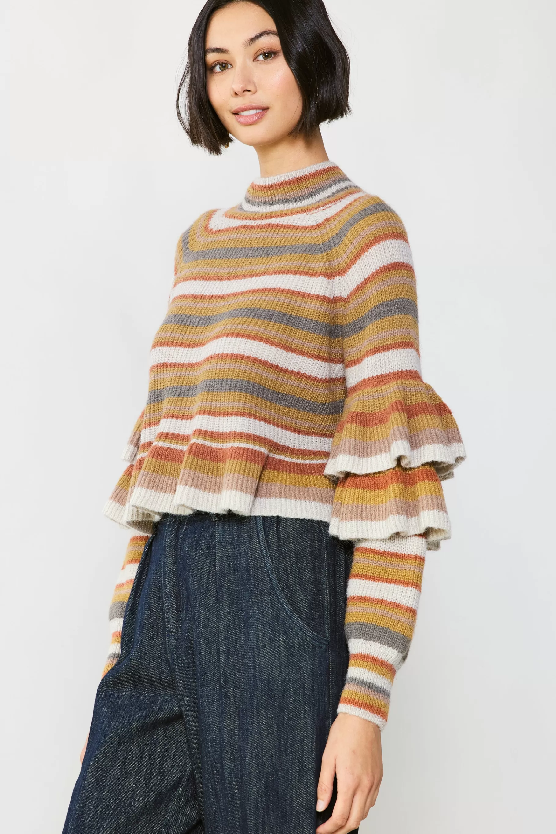 Current Air Sweaters>Striped Tiered Sleeve Sweater MUSTARDMLT